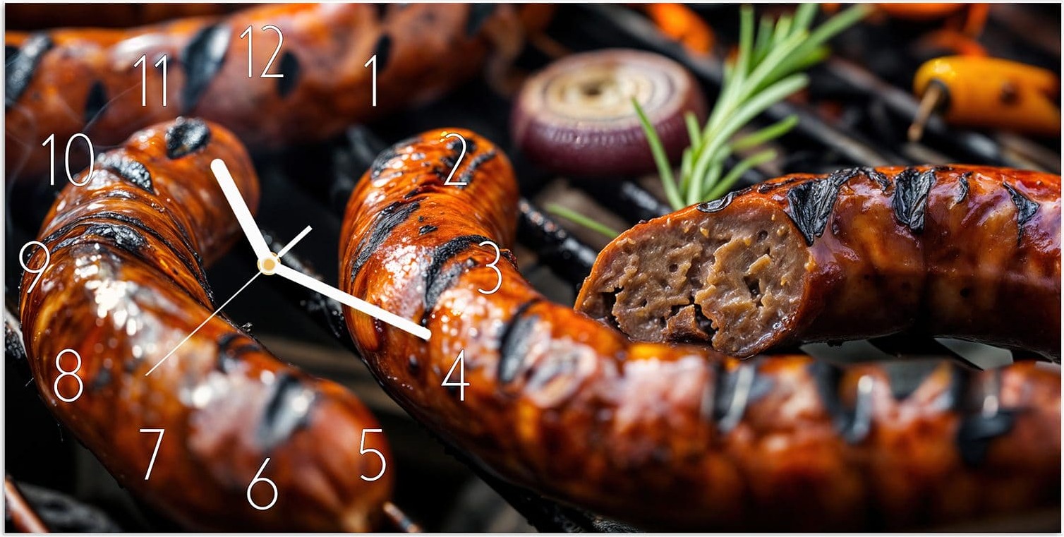 Primedeco Wanduhr aus Glas mit Motiv Grillwurst B B Q- 60 x 30 cm - inkl. Aufhängesystem
