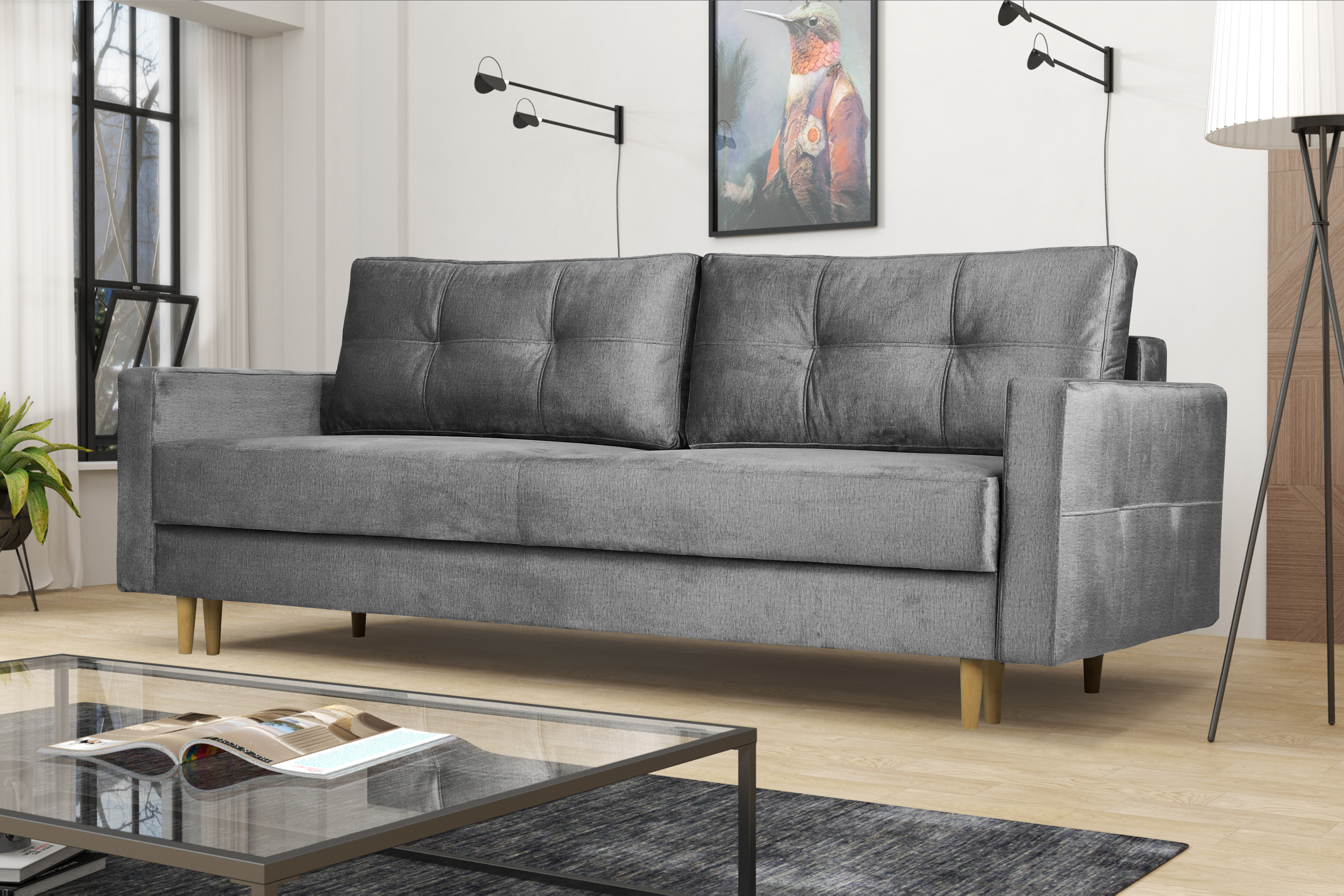 Meblomania Sofa FLORO mit Schlaffunktion, Bettkasten, DL-Entfaltungssystem - Grau 06063