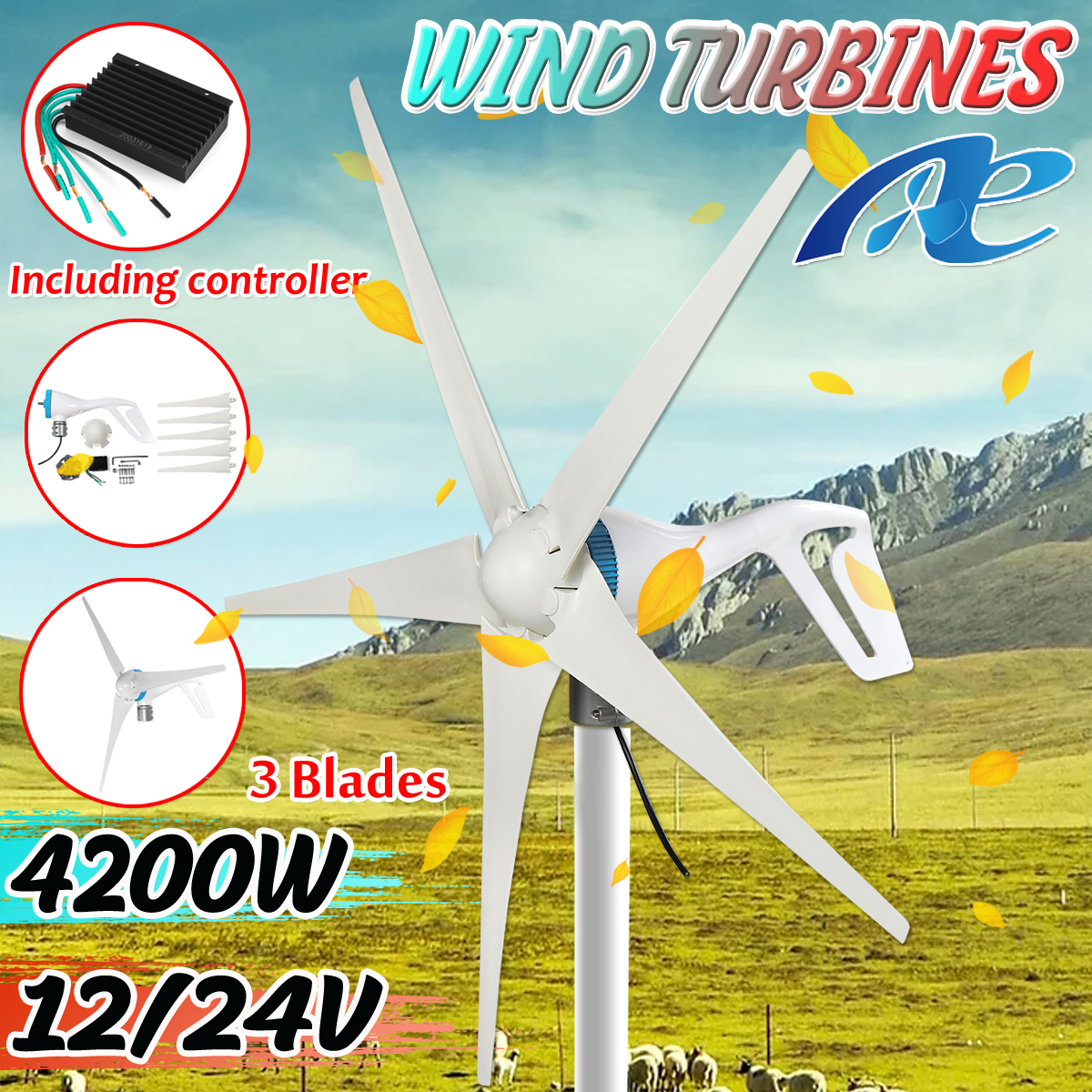 3000W 24V Windkraftanlage Windgenerator Windrad 5 Klinge Turbine mit Controller 