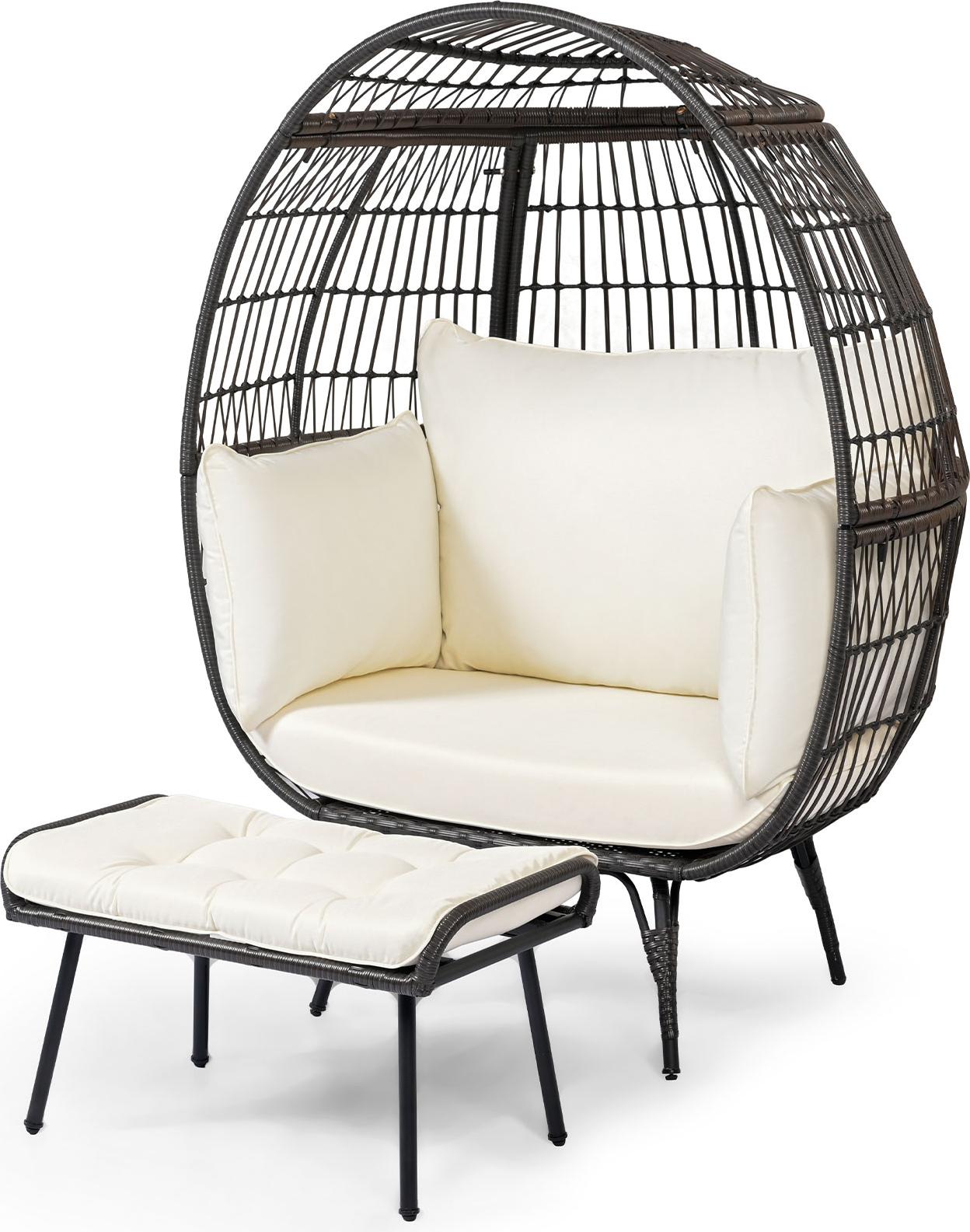 Prútené kreslo COSTWAY z polyratanu s taburetkou, nadrozmerné záhradné kreslo s vankúšom a kovovým rámom, ratanové kreslo, kreslo na balkón, záhradnú terasu