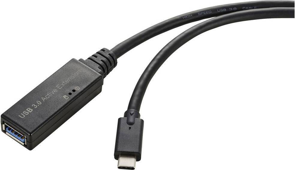 Renkforce USB-Kabel USB 3.2 Gen1 USB-C® Stecker, USB-A Buchse 5.00 m Schwarz Aktiv mit Signalverstärkung, mit OTG-Funkt