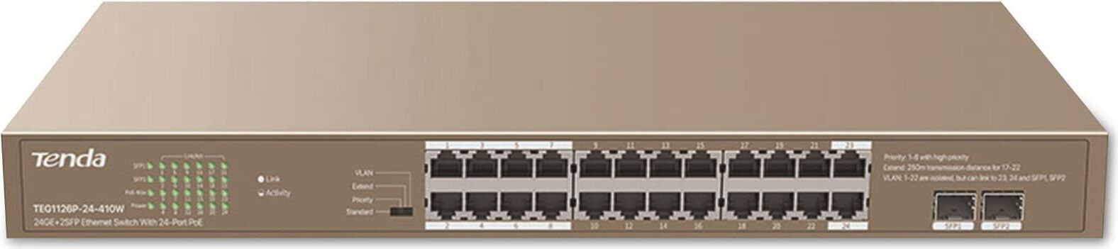Tenda TEG1126P-24-41410W PoE AT Gigabitový prepínač 24x 1Gb/s PoE 802.3af/at + 2x SFP, PoE 370W, stojanová montáž