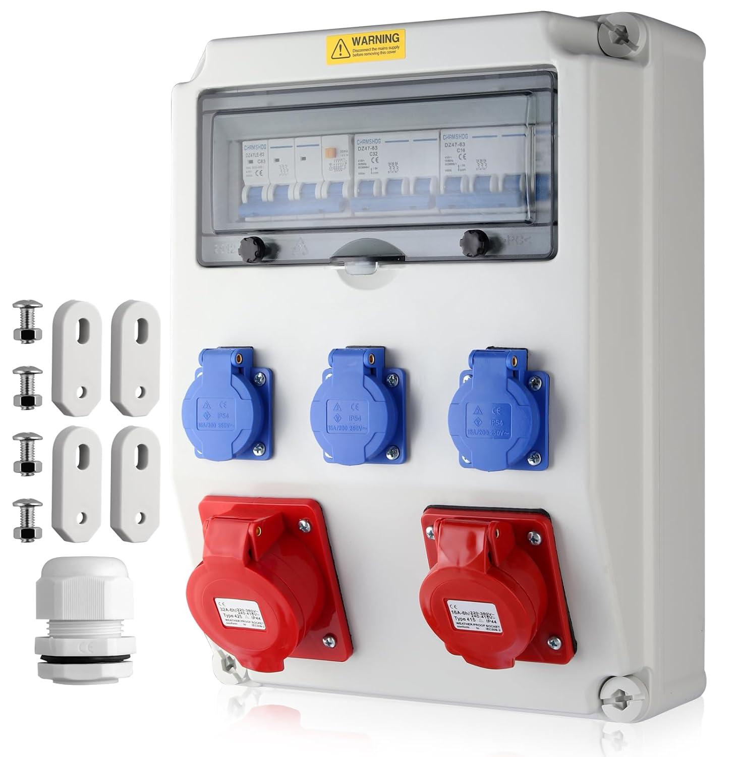 bez marki Bauverteiler abgesichert 2×230V 16A 1×32A wasserdicht LS und FI