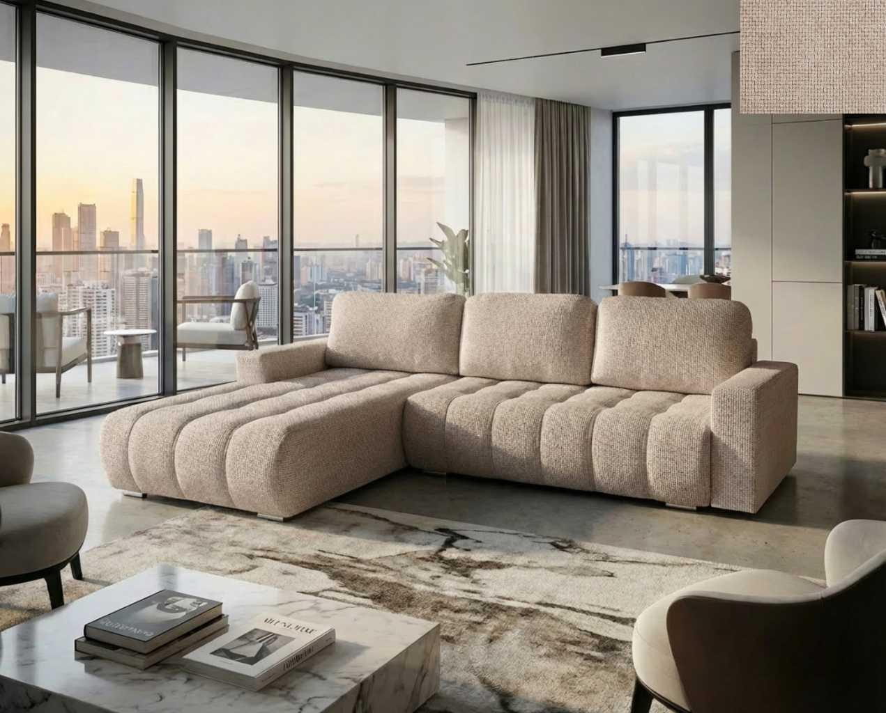 Ecksofa ACILIA Nordelo Schlaffunktion Bettkasten links/rechts Stoff Flow Hellbraun ECKC-ACIL-FLOW-T02