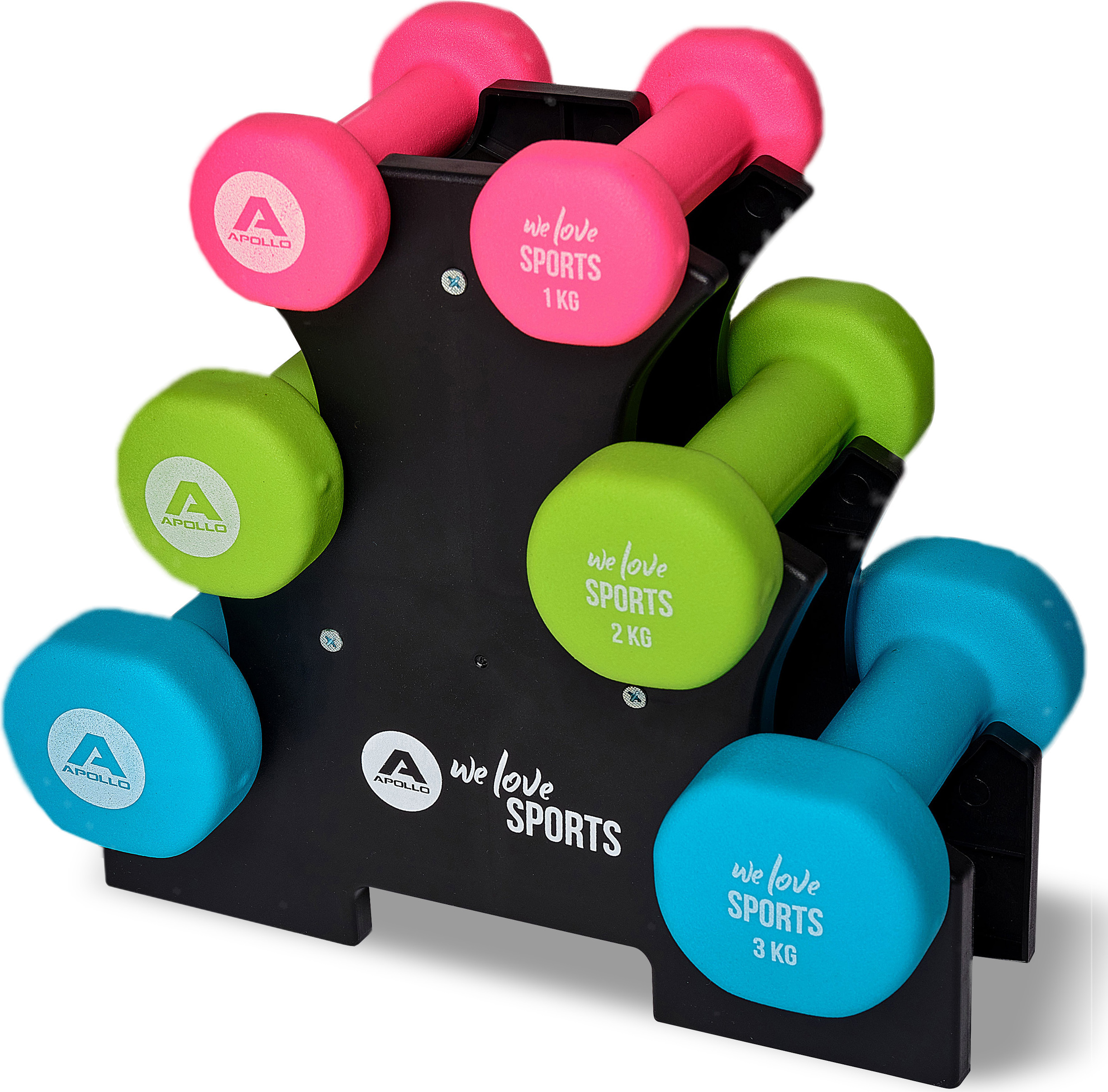 Apollo Hantel Set Kurzhantel | Fitness Hanteln, 2x1kg, 2x2kg, 2x3kg | inklusive Hantelständer für Kurzhantelset | Hanteln für Frauen & Männer | Dumbbell weights | Hanteln 1kg, Hanteln 2kg, Hanteln 3kg 71197