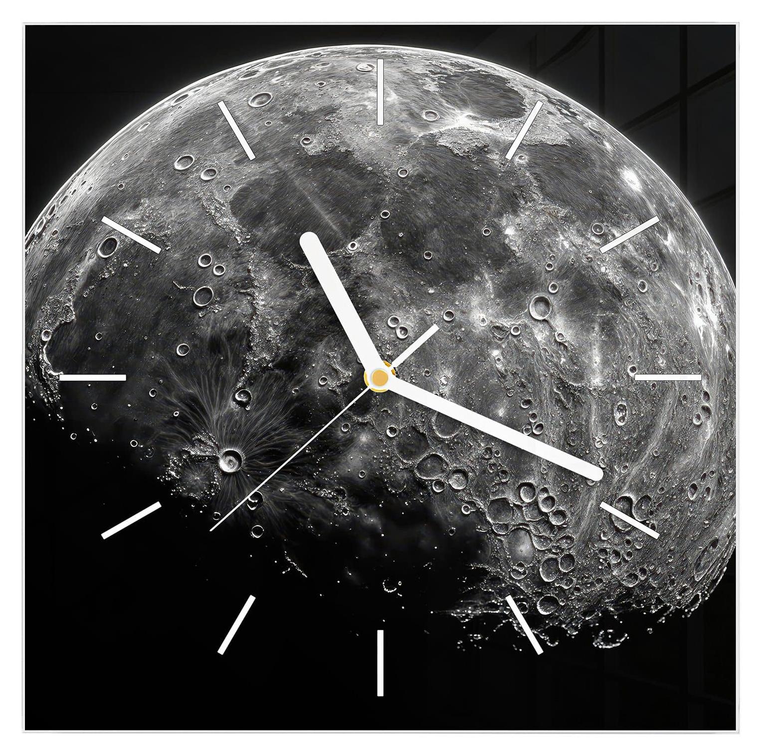 Primedeco Wanduhr aus Glas mit Motiv Mondkrater Close-up- 30 x 30 cm - inkl. Aufhängesystem