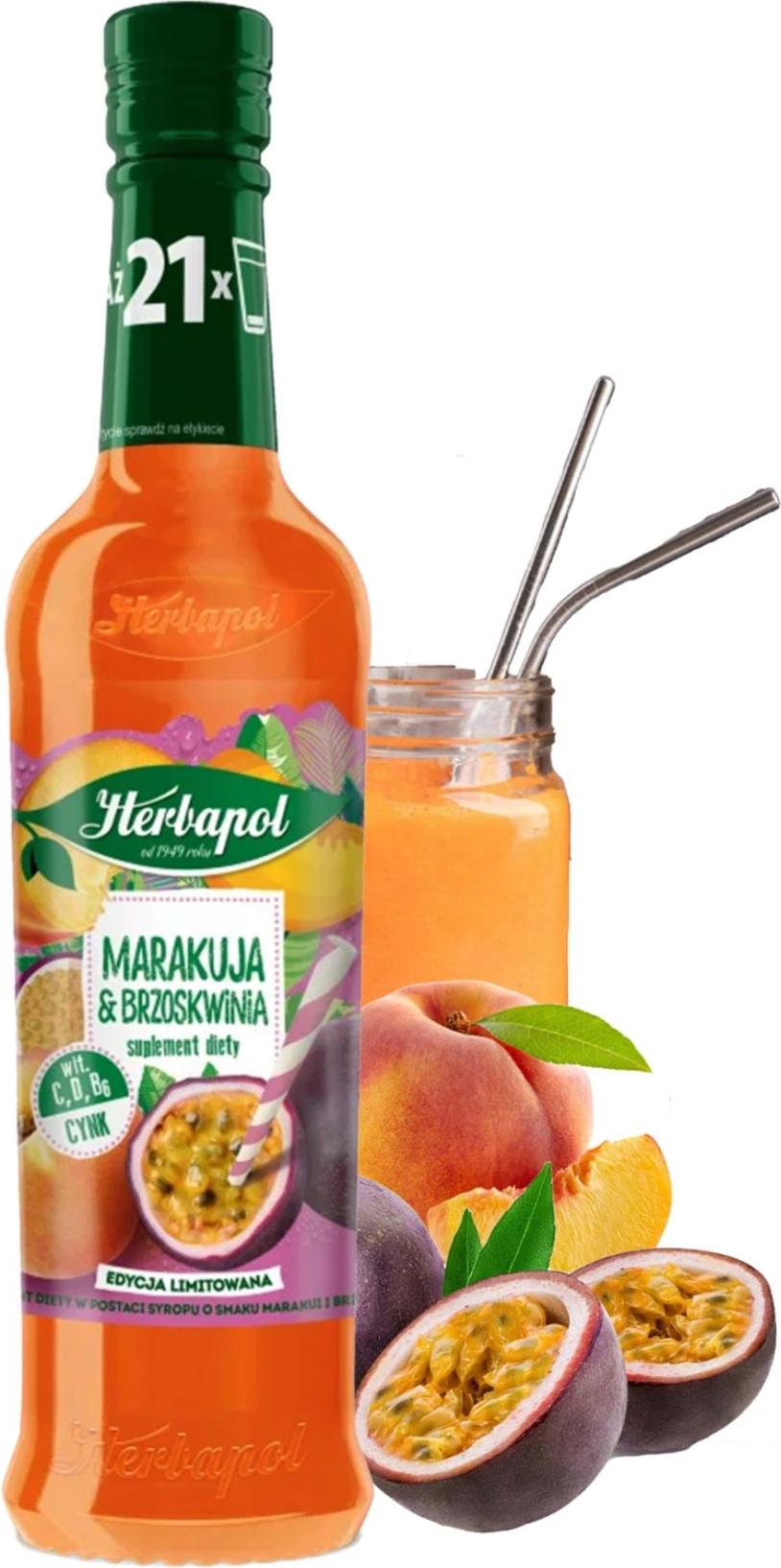 Herbapol Maracuja Pfirsich Sirup 420ml - Getränkesirup für Wasser Fruchtsirup