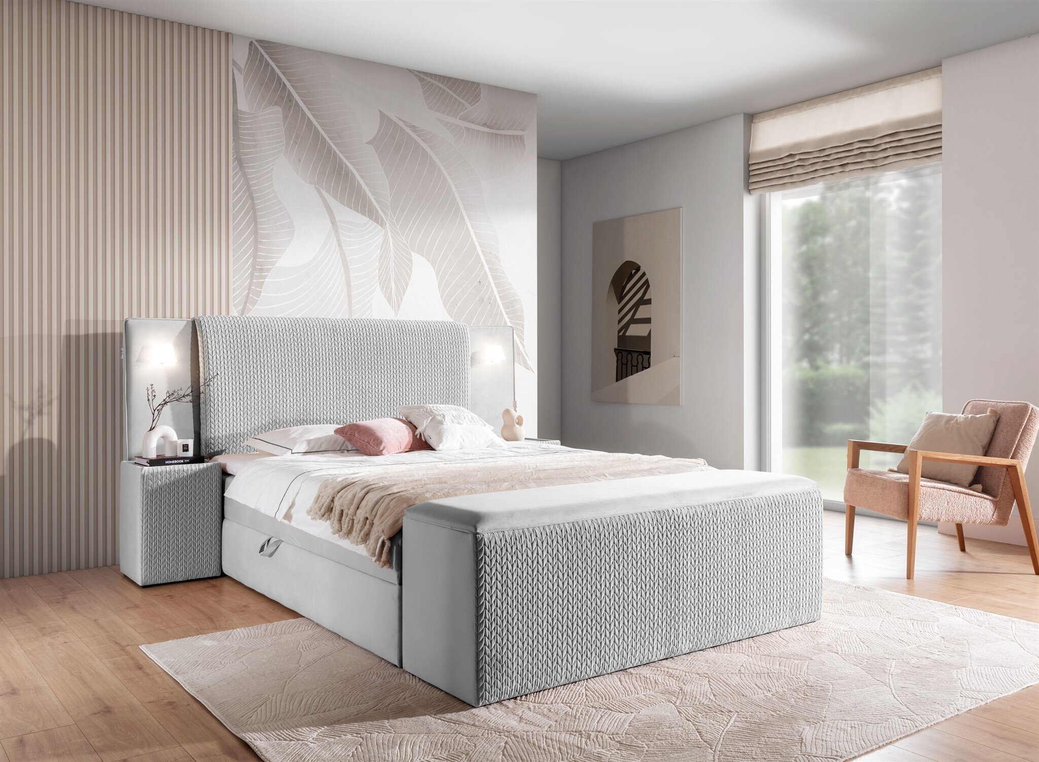 Fun-Möbel Boxspringbett Bett MARTEN 180x220cm Set.3 in Stoff Magic Velvet Hellgrau