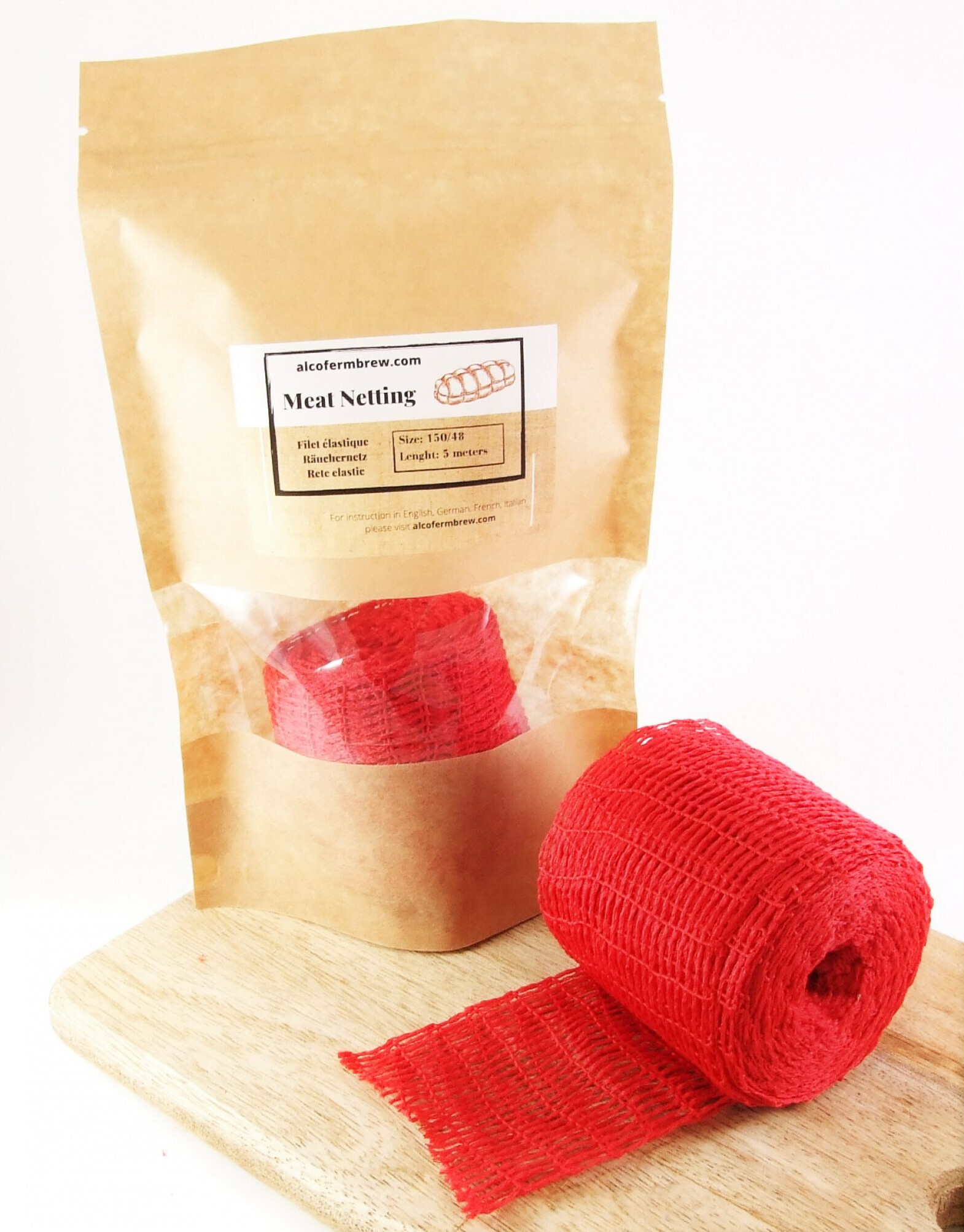 Alcofermbrew Rot Räuchernetz 150/48 x 5M, Fleisch Netz, Lachsschinken Netze, Rollbraten Netz, Schinken Netz