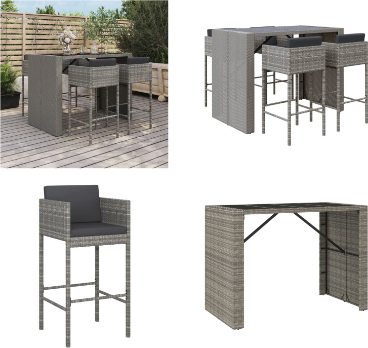 vidaXL 5 tlg. Gartenbar Set mit Kissen Grau Poly Rattan - Gartenbar Set - Gartenbar Sets - Garten Bar Set - Gartenbar