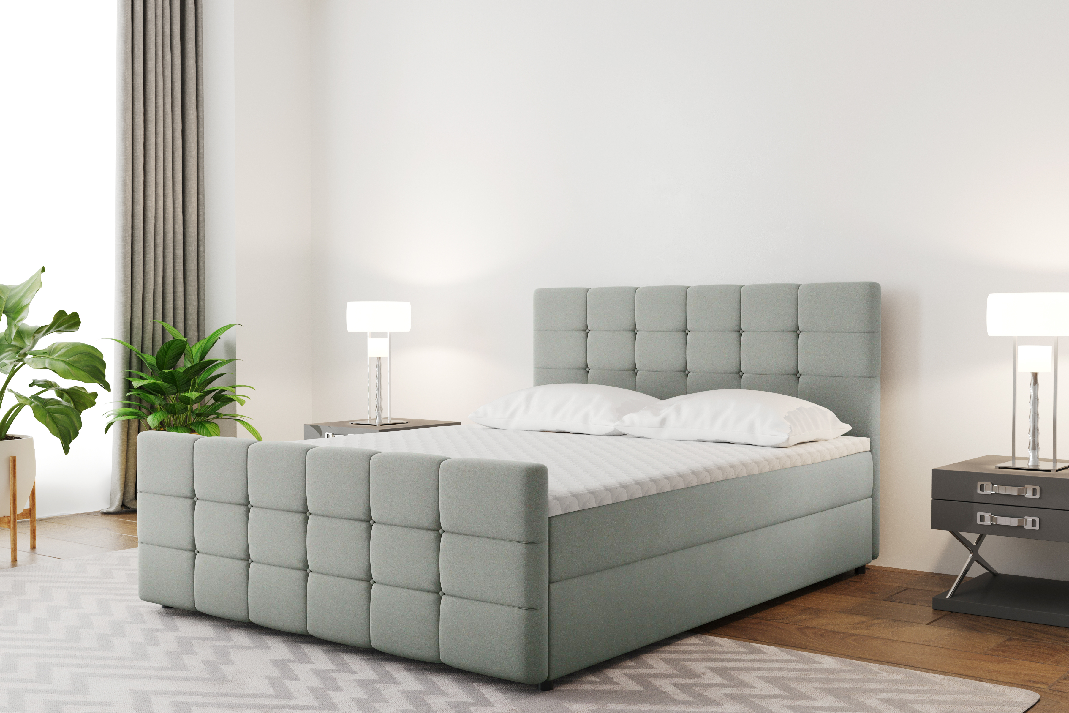 Skriňová posteľ s podnožou a matracom, prešívaná posteľ, posteľ do spálne MARIN 180 cm x 200 cm Sivá