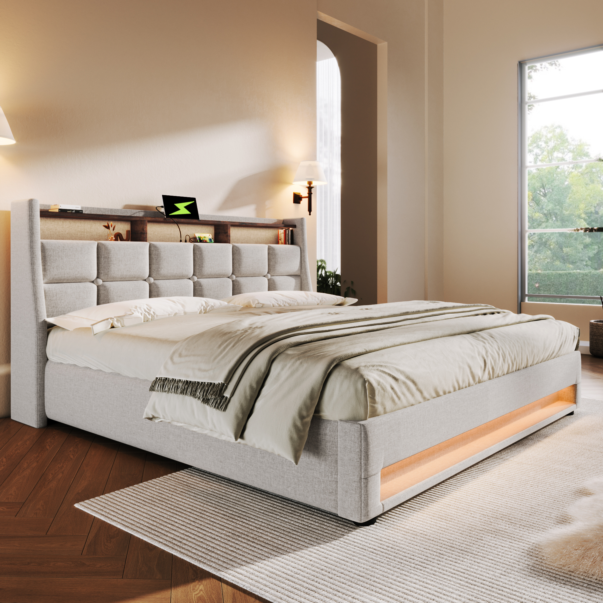 MODFU Boxspringbetten Polsterbett 140x200cm, Doppelbett Hydraulisches Bettkasten mit LED-Erleuchtung und USB(Ohne Matratze),Beige