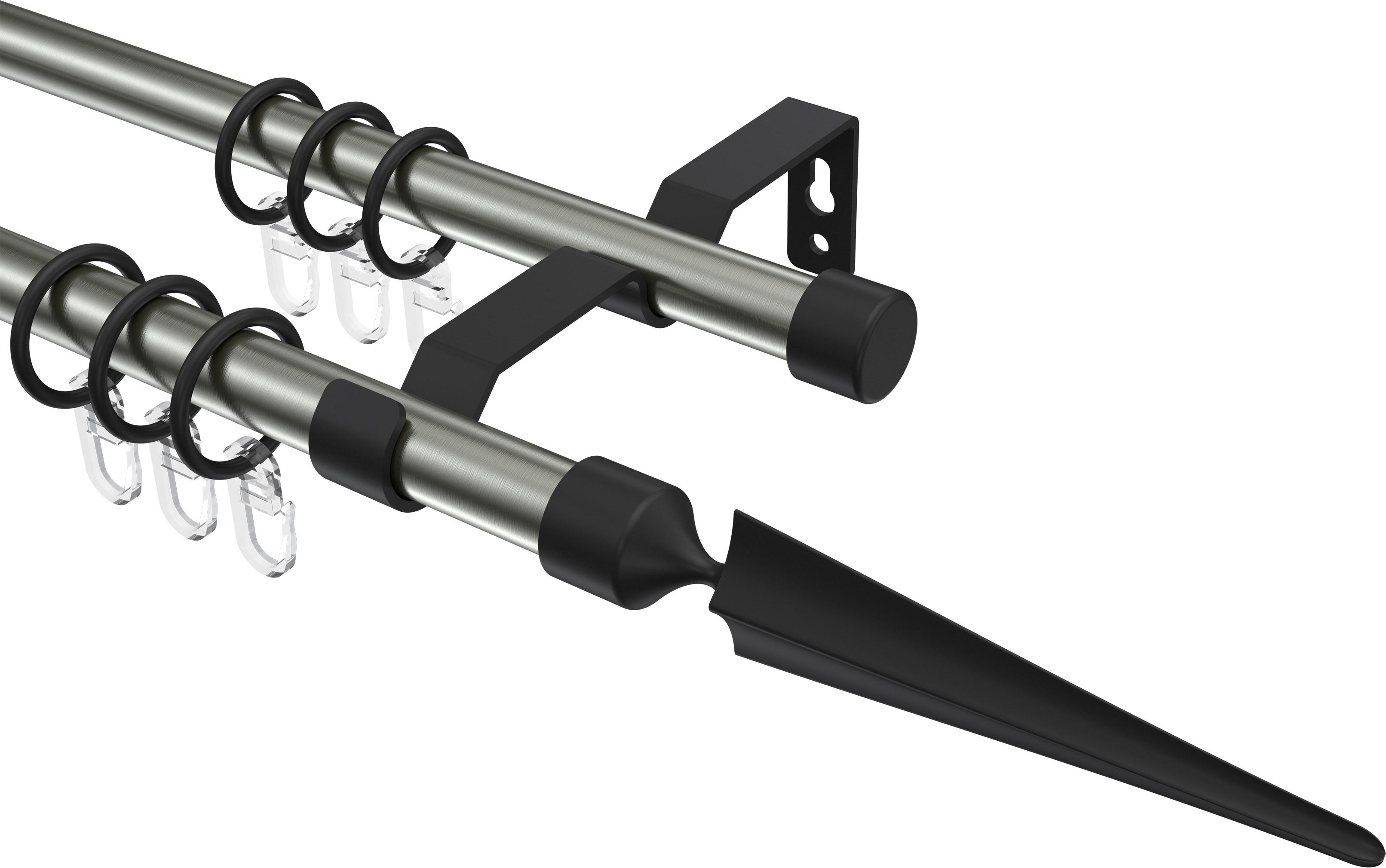 Interdeco Gardinenstange / Vorhangstange Edelstahl-Optik / Schwarz, Typ Olymp Lorenzo (Speer), 16 mm Ø 2-läufig, 100 cm 10163928-103928_KLA