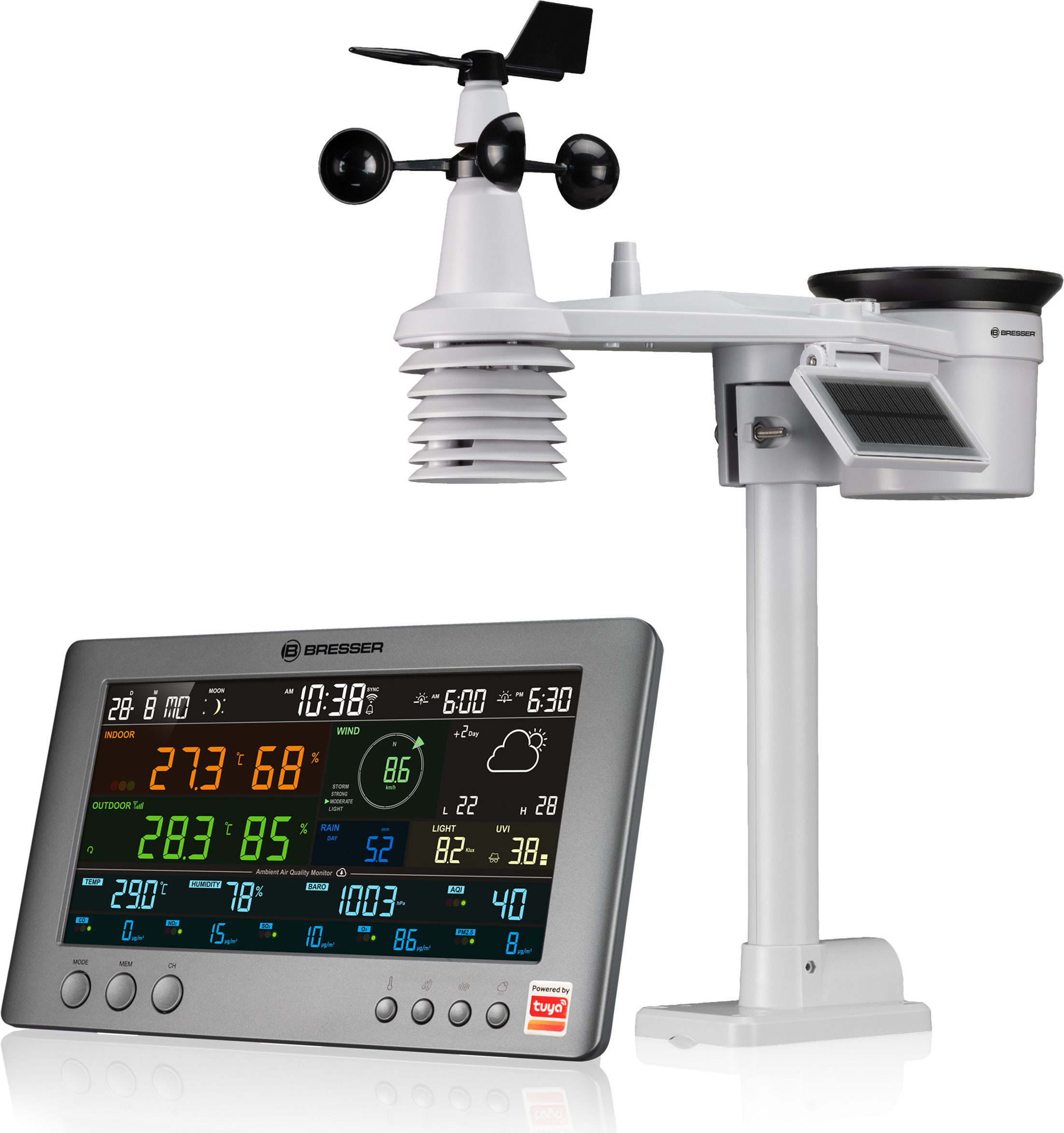 Bresser Smarte Tuya Wetterstation Profi 7-in-1-Sensor WLAN Luftqualität AQI CO2 UV 6-Tage-Prognose 7003900