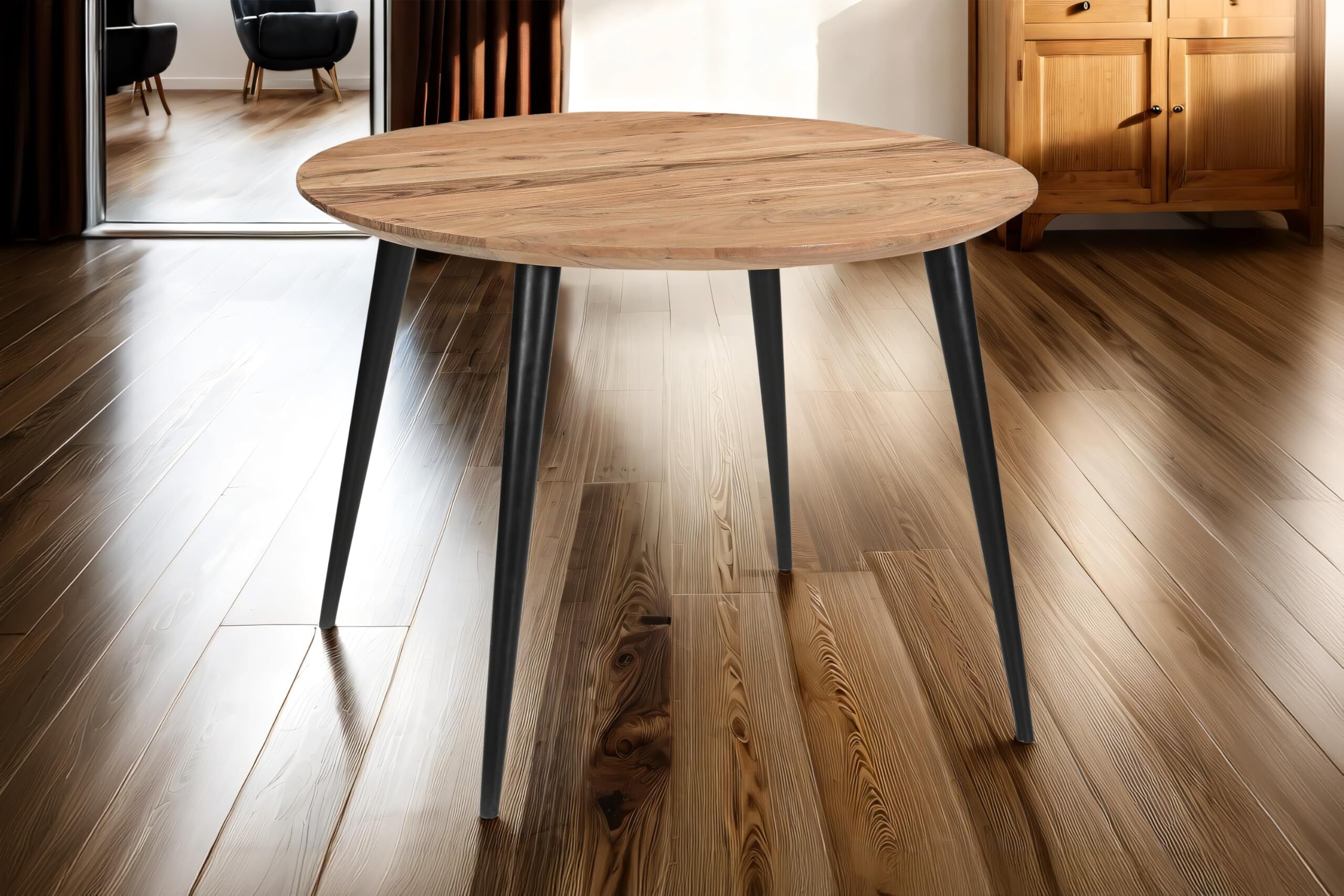 Runder Esstisch 105 cm Kimberly, Akazienholz naturfarben + massiv, Esszimmertisch mit Schweizer Kante, konisches 4-Fuß-Gestell Metall Schwarz, pflegeleichter Holztisch