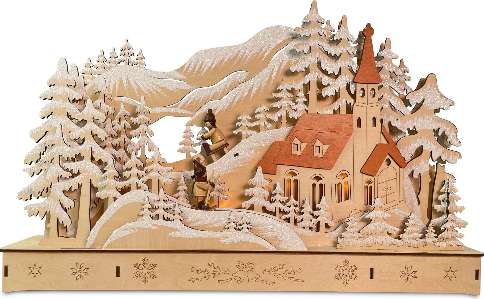 Riffelmacher + Weinberger Riffelmacher Kirche mit Schlittenbahn mit LED aus Holz 44 x 8 x 29 cm 76039