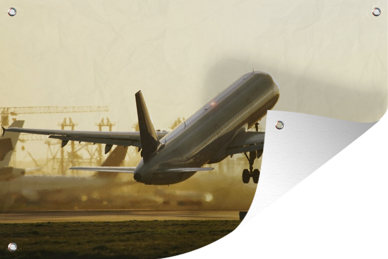 MuchoWow® 90x60 cm Outdoor-Poster Gartendeko Sichtschutz Garten Poster für den Garten Ein Flugzeug, das von einer Startbahn abhebt 133|3728973