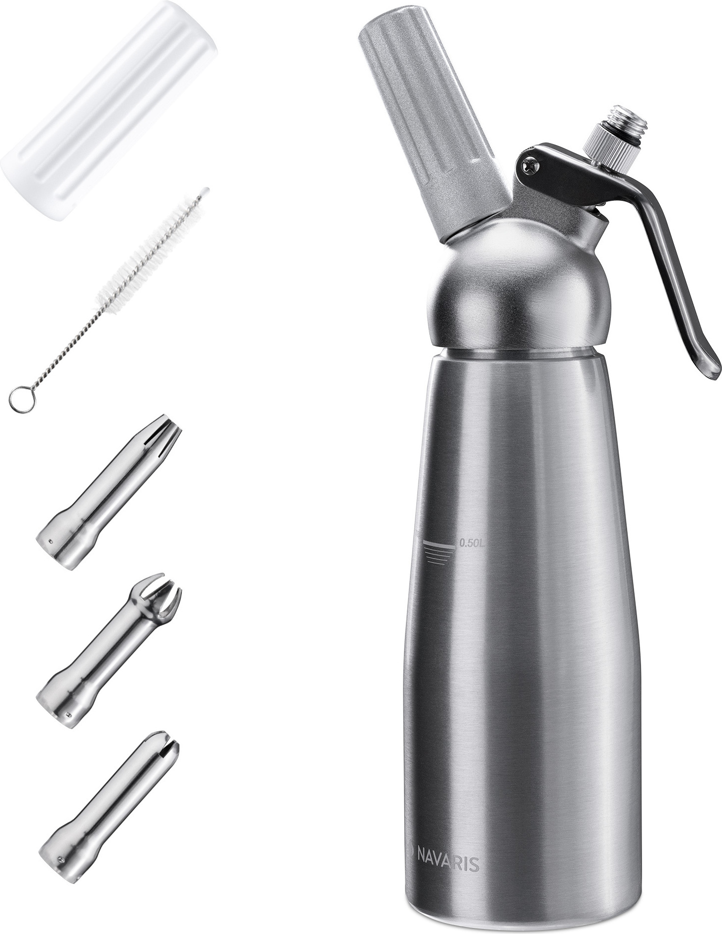 Navaris Sahnespender 500 ml mit 3 Edelstahl Tüllen - für heiße und kalte Cremes Schlagsahne Soßen - 0,5l Sahnebereiter Sahne Spender aus Aluminium 47149.03