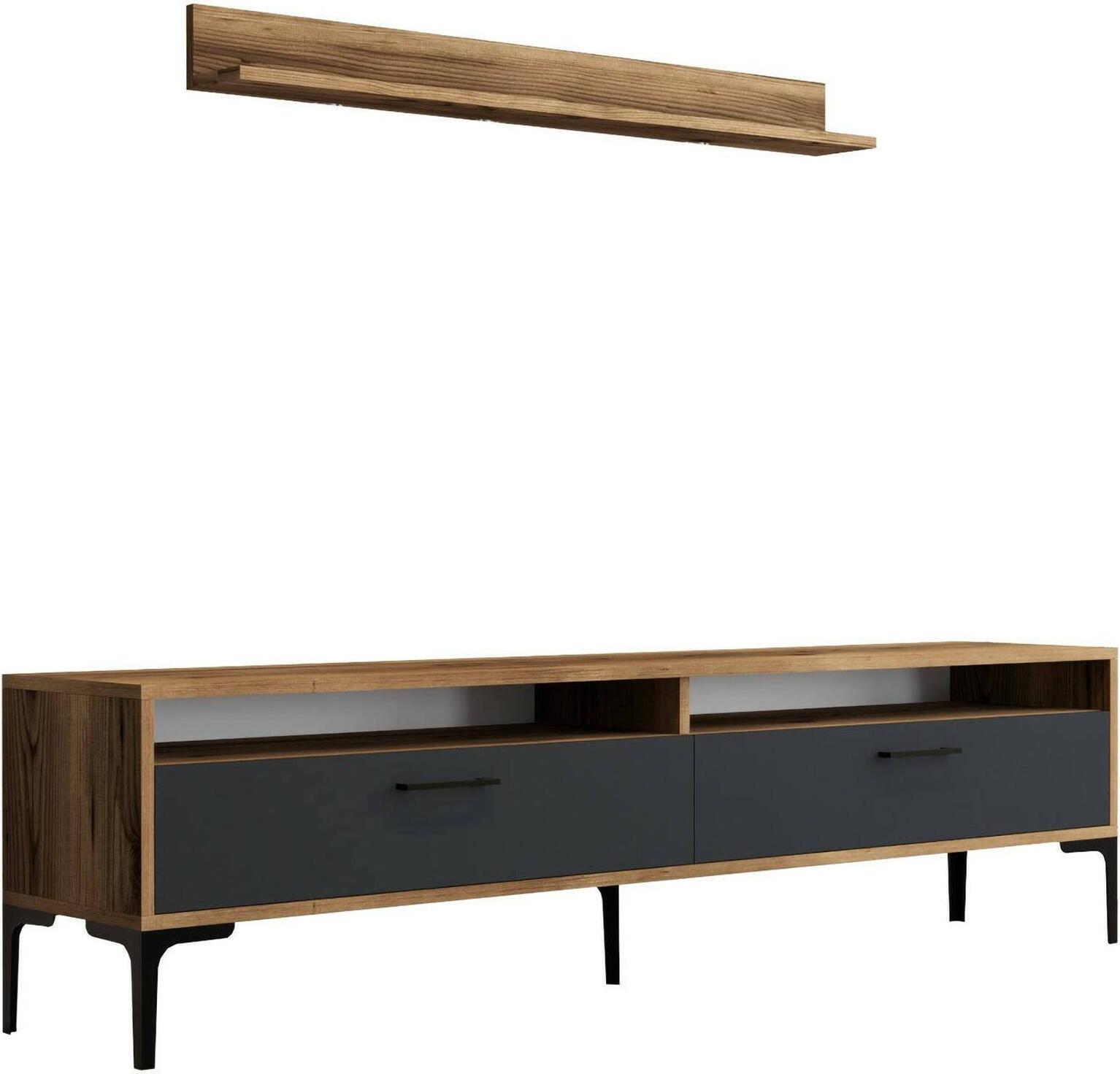 Dmora Wohnzimmermöbel Edasich, Modulares Wohnzimmerset, Mehrzweck-Wohnzimmermöbel, Moderner TV-Schrank, 180x35h47 cm, Walnuss und Anthrazit