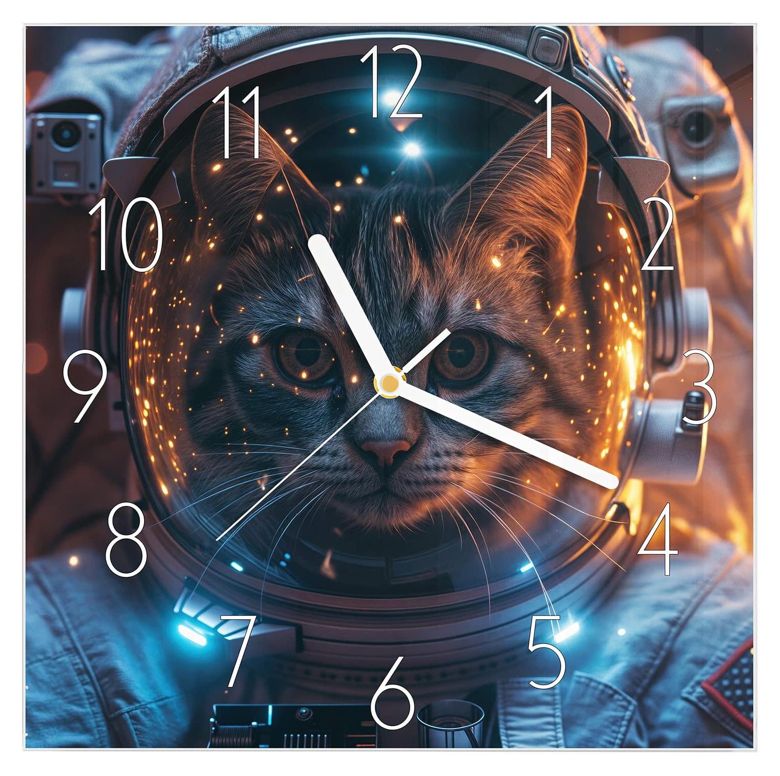 Primedeco Wanduhr aus Glas mit Motiv Katze im Raumanzug- 30 x 30 cm - inkl. Aufhängesystem