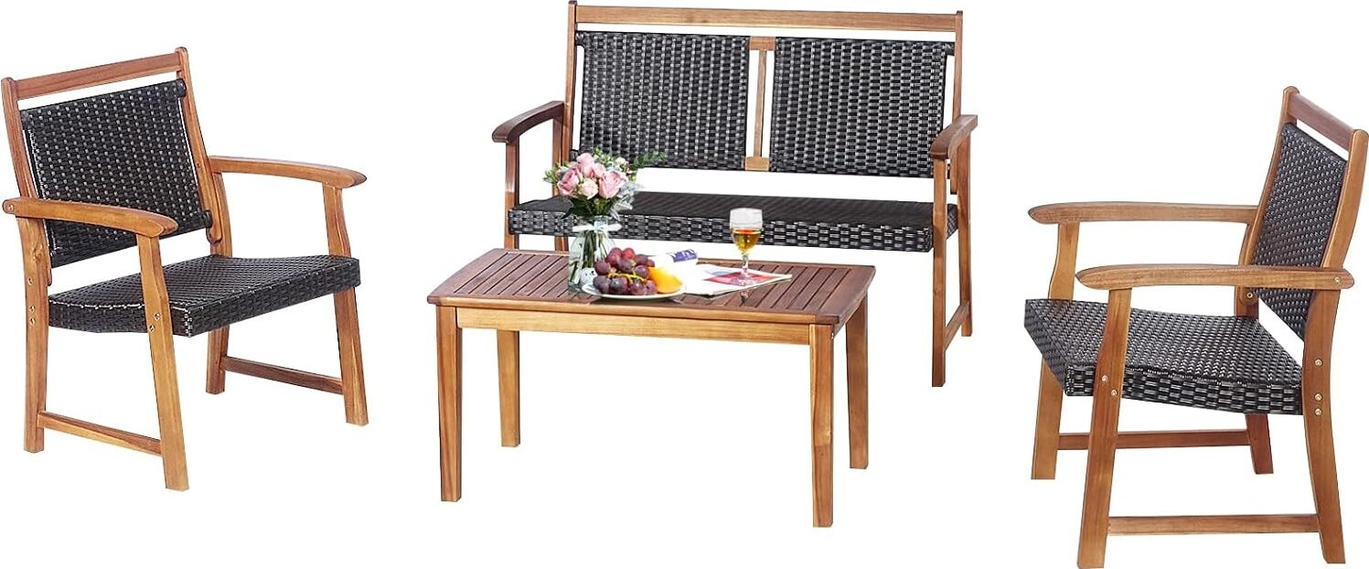 KOMFOTTEU 4 KS Záhradný set nábytku, bistro set s 2 kreslami a dvojitou stoličkou a stolom, balkónová súprava z ratanu a agátového dreva, záhradné kreslo s podrúčkami a operadlom na balkón záhradnú terasu, červenohnedá farba