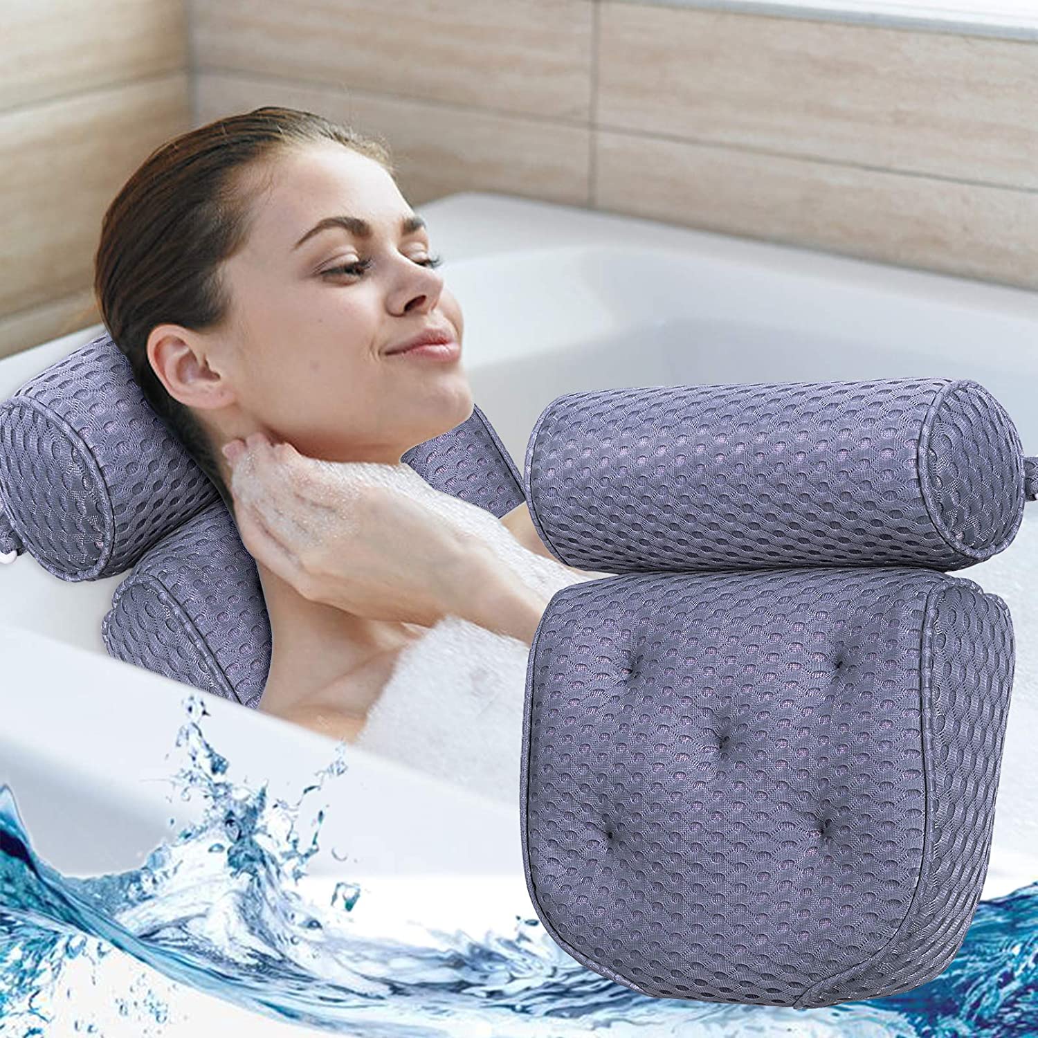 YLeing Badewannenkissen 3D Mesh Luxus Spa Bad Kissen Weiche Nackenstütze mit Rutschfeste Greif-Saugnäpfe für Badewanne Mold Resist Kissen
