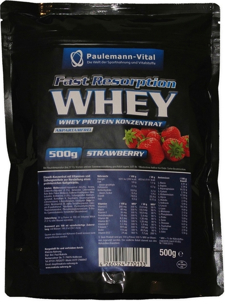 Paulemann-Vital Fast Resorption Whey - 500g-Beutel Erdbeere