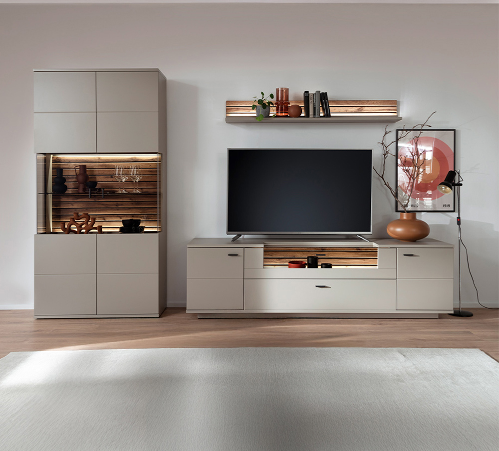 Lomadox Wohnwand 3-teilig LIEZEN-05 in grau mit Eiche inkl. Beleuchtung LA05-LIEZEN-05-SET19