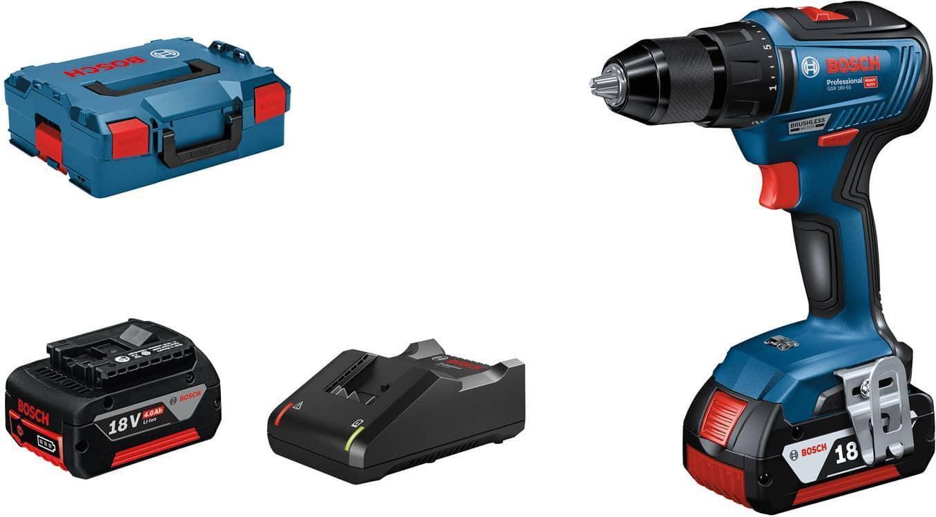 Bosch Professional GSR 18V-55 06019H5200 Akumulátorový vŕtací skrutkovač 18 V 4,0 Ah Li-Ion bez kefiek, vrátane 2. akumulátora, vrátane nabíjačky, vrátane kufra (06019H5200)