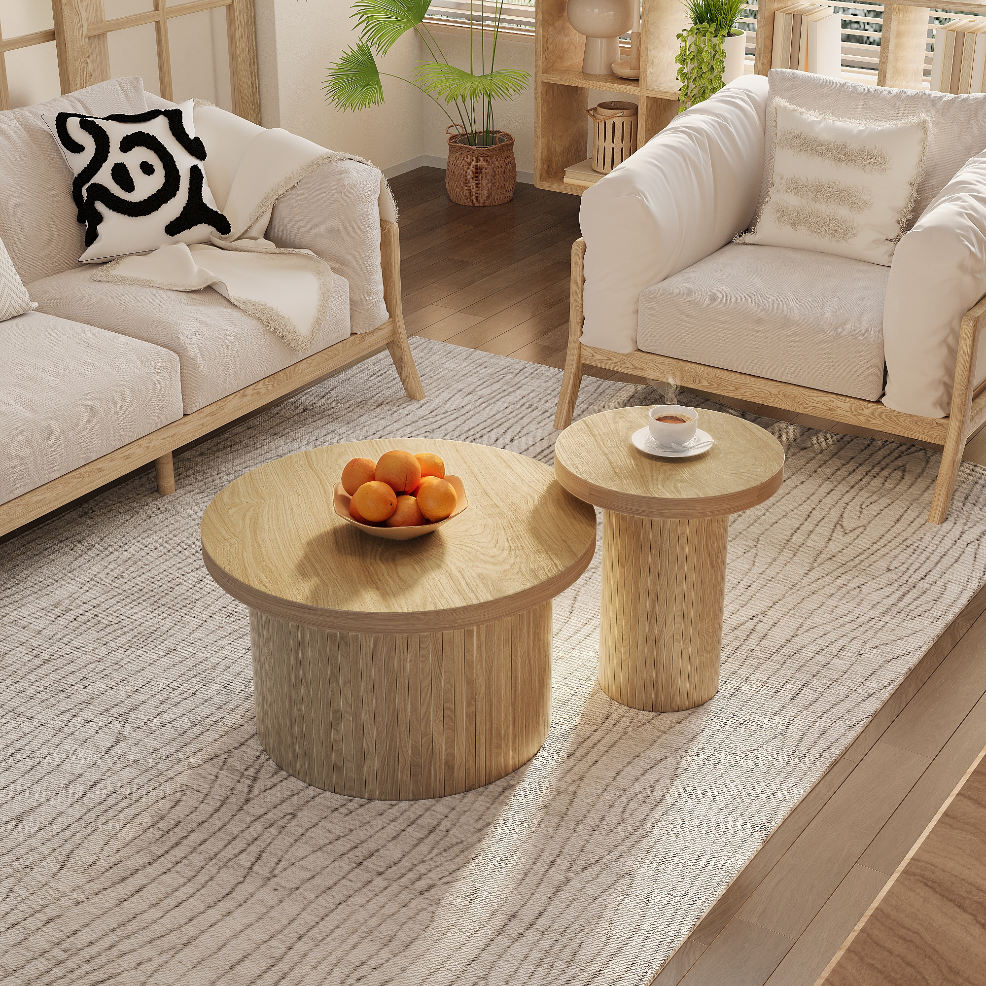 STILVORA Couchtisch 2er-Set,doppelter runder Beistelltisch,Wohnzimmertisch mit Holzlatten,Naturfarben