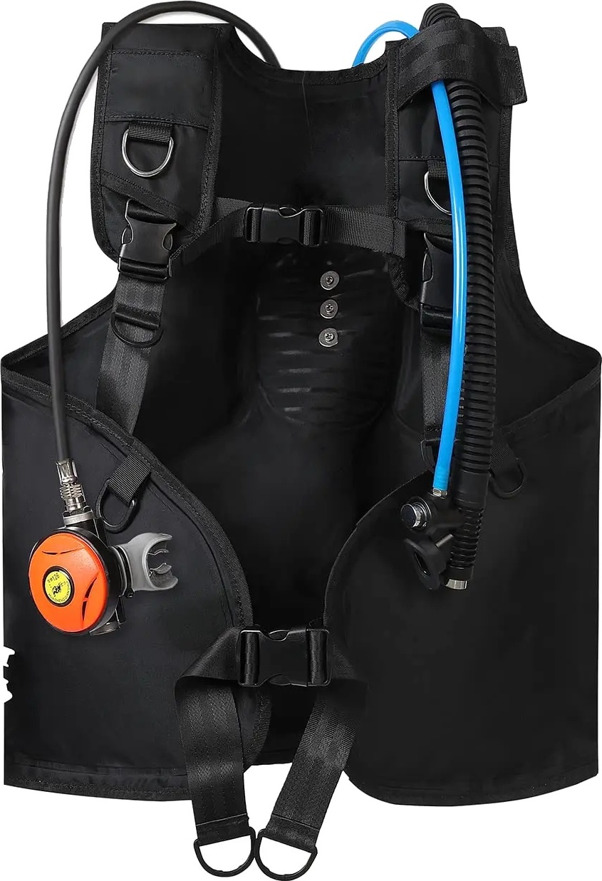 Potápačský akvalung s kompenzáciou vztlaku, odolný nylonový materiál, kompatibilný s potápačskými vodnými fajkami, čierny