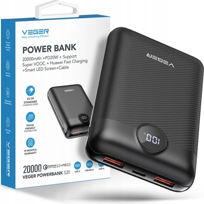 Powerbank Veger S20 20000Mah 22.5W Pd Qc 3.0 Led 3 Devices Black 2Xusb-C BELLA-B-0272