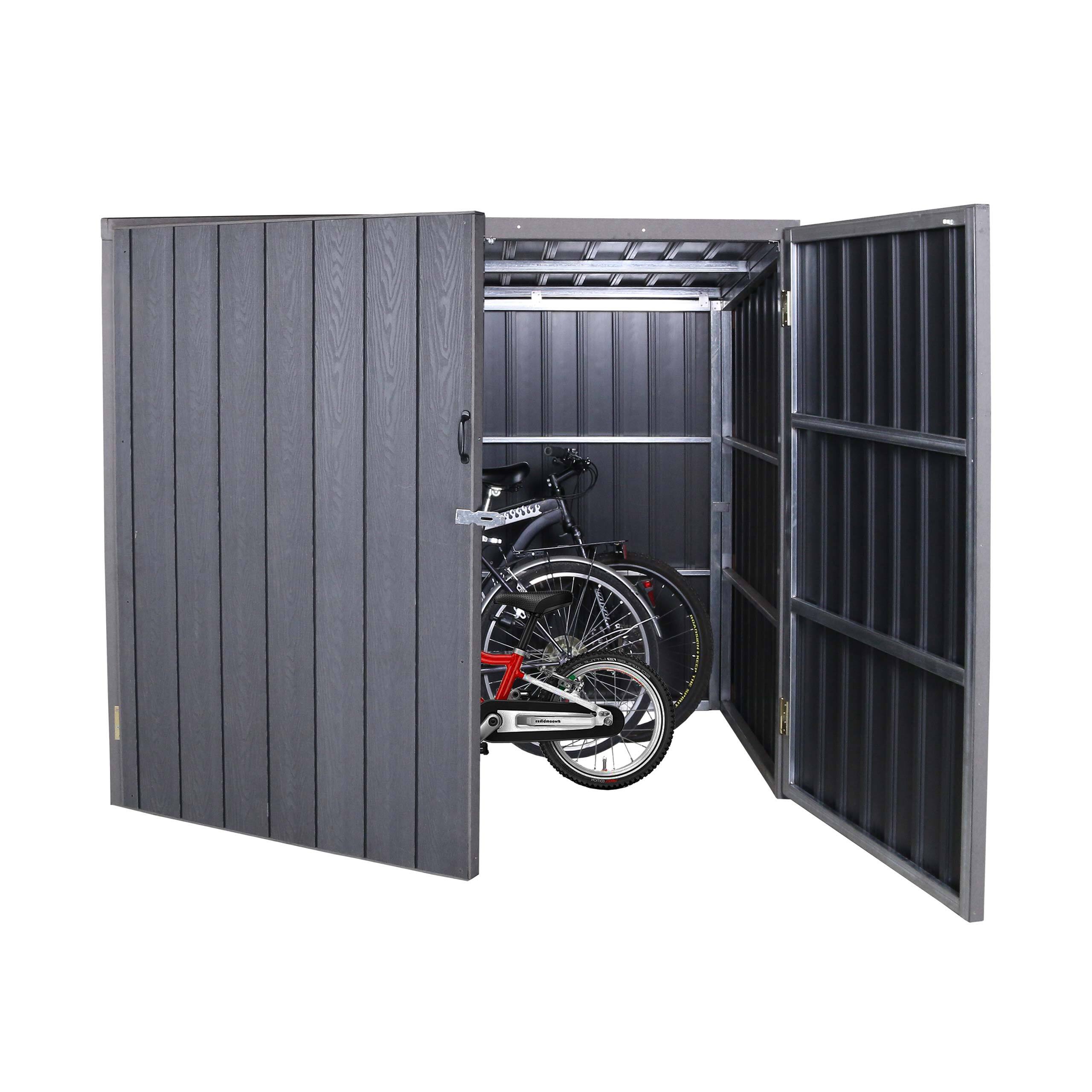 WPC garáž na bicykle HWC-J29, kôlňa na bicykle, kovový vzhľad dreva uzamykateľný ~ 4 bicykle 172x213x160cm sivá