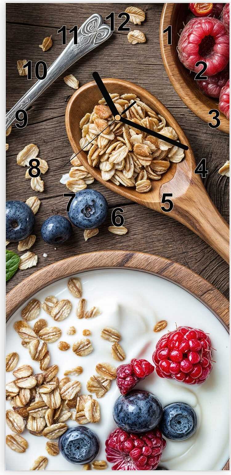 Primedeco Wanduhr aus Glas mit Motiv Beeriges Müsli- 30 x 60 cm - inkl. Aufhängesystem