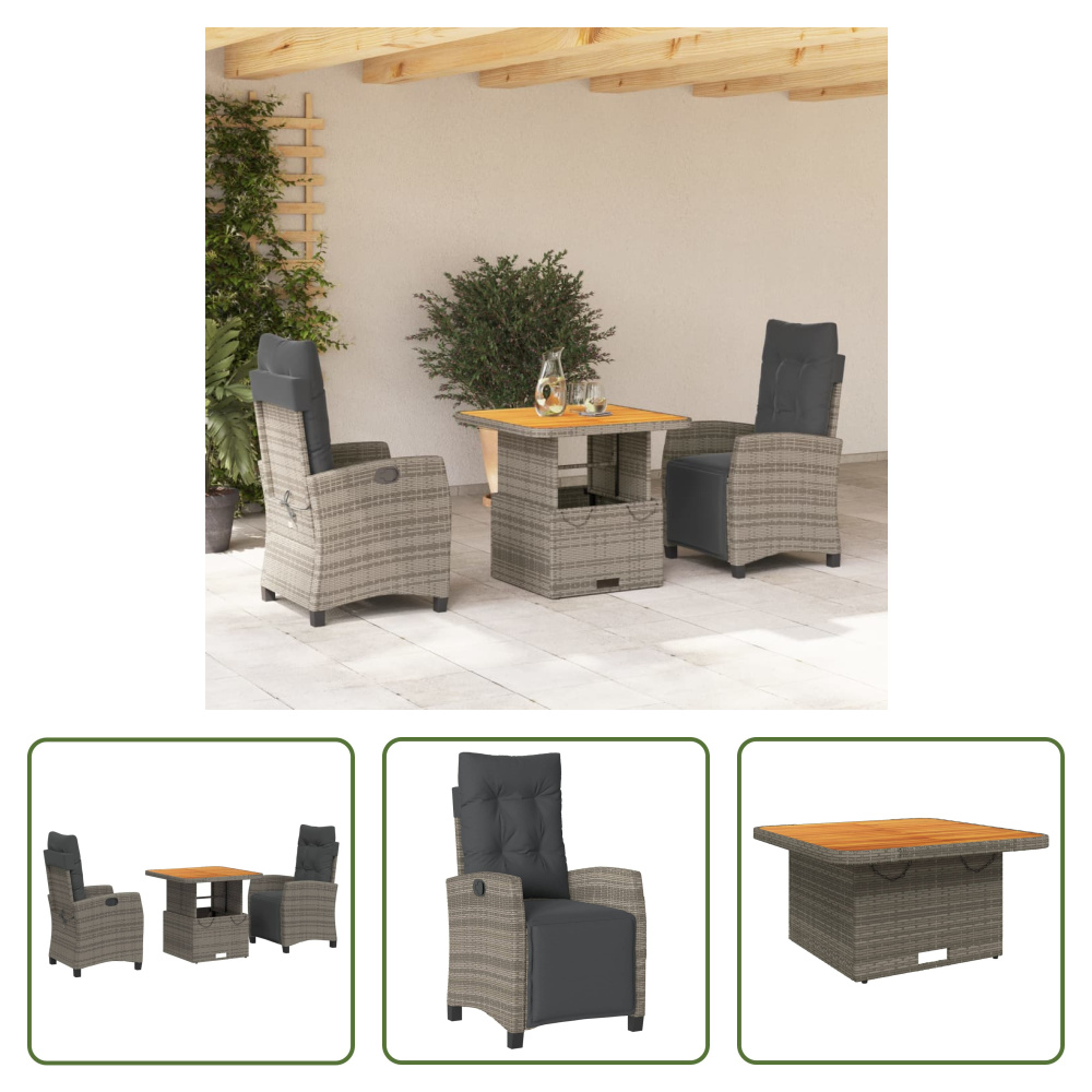 The Living Store 3-dielny záhradný jedálenský set s vankúšmi sivý polyratan