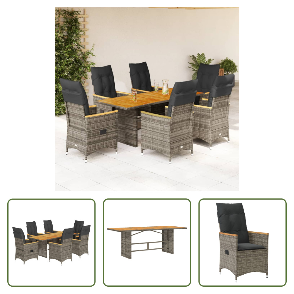 The Living Store 7-dielny záhradný jedálenský set s vankúšmi sivý polyratan