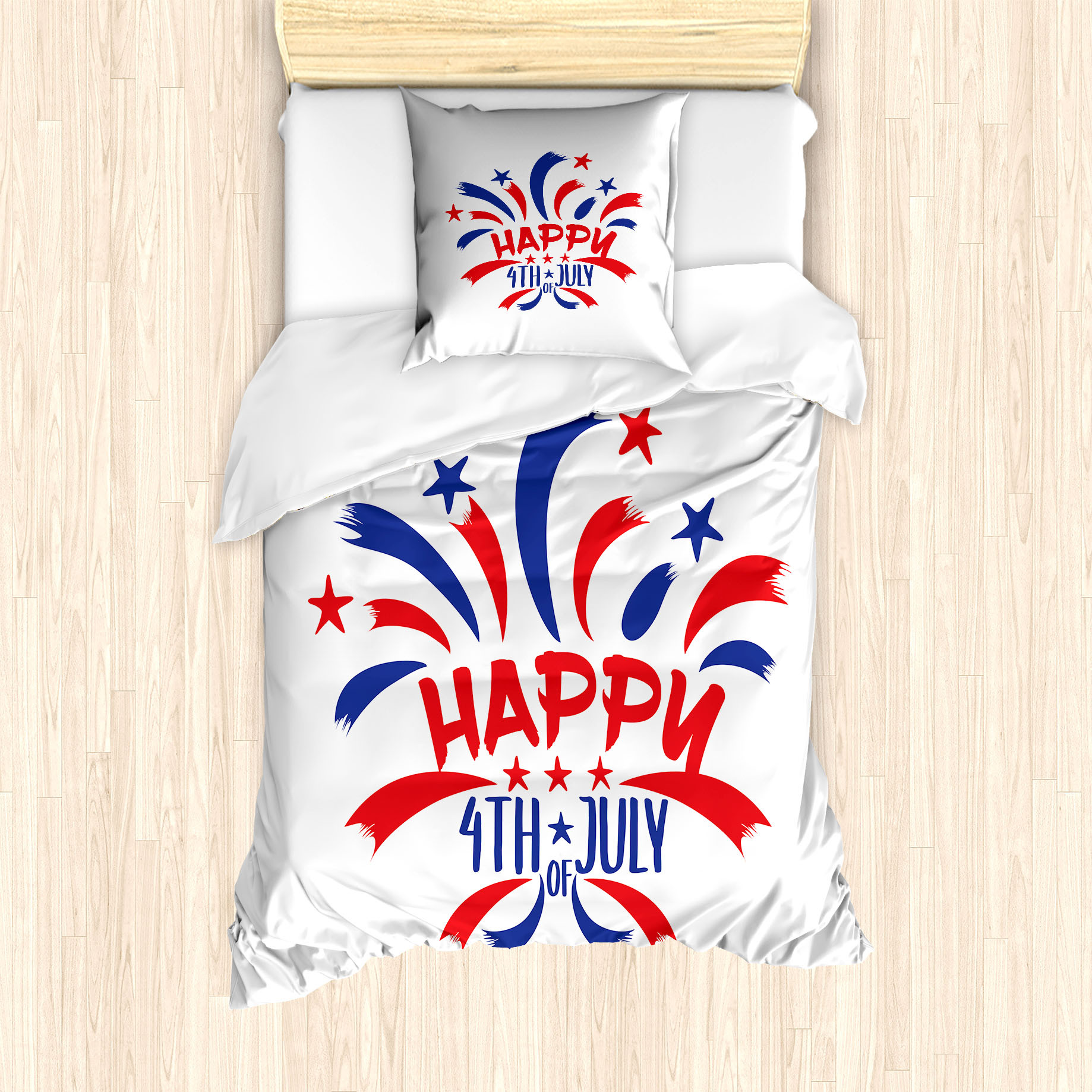 ABAKUHAUS 4. Juli Bettbezug Set für Einzelbetten, Nationalfeiertag Text-Bild, Milbensicher Allergiker geeignet mit Kissenbezug, 135 cm x 200 cm - 80 x 80 cm, Weiß und Multicolor nevde_260085_135x200_de