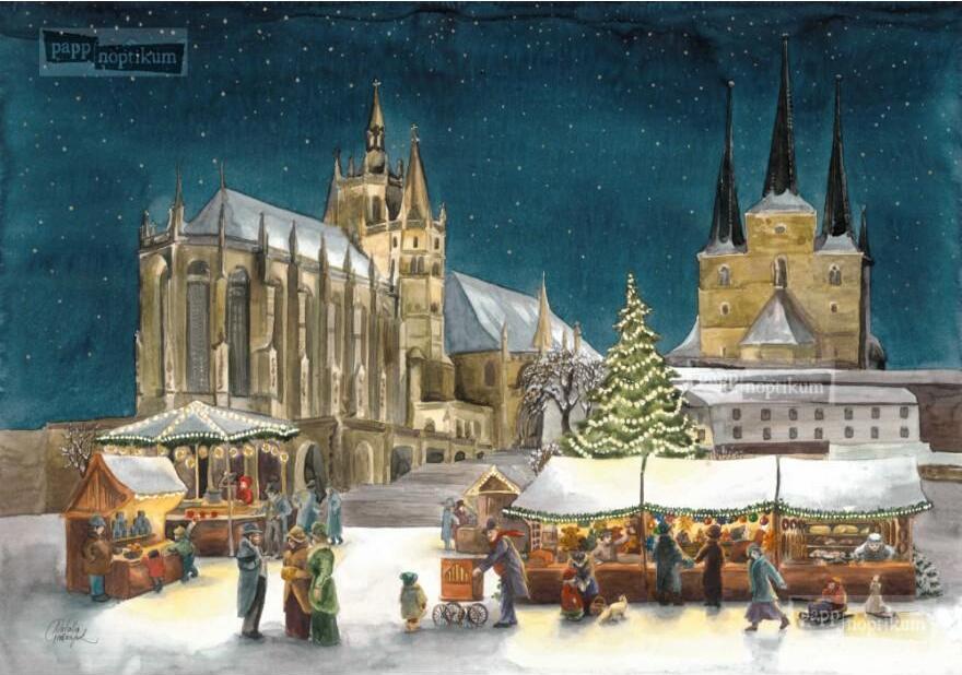Mini adventný kalendár s motívom katedrály v Erfurte, v retro štýle, 17 x 12 cm