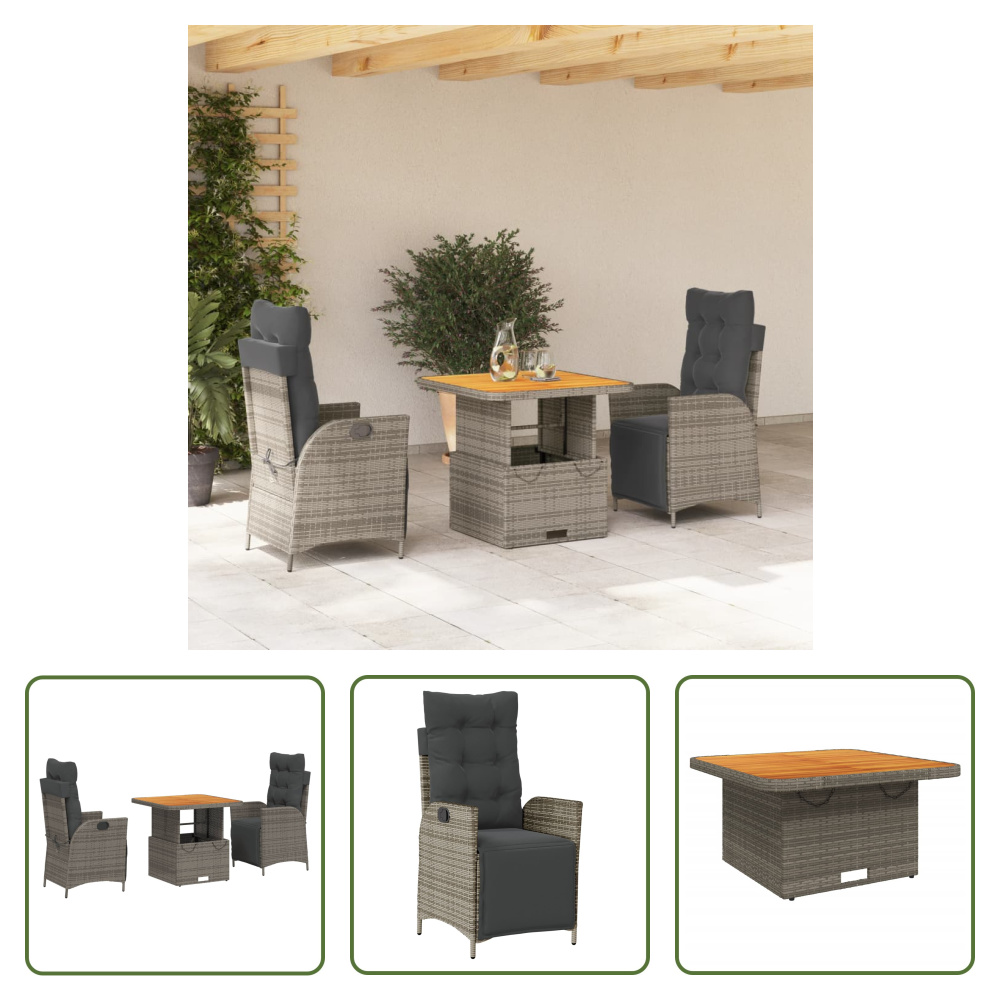 The Living Store 3-dielny záhradný jedálenský set s vankúšmi sivý polyratan