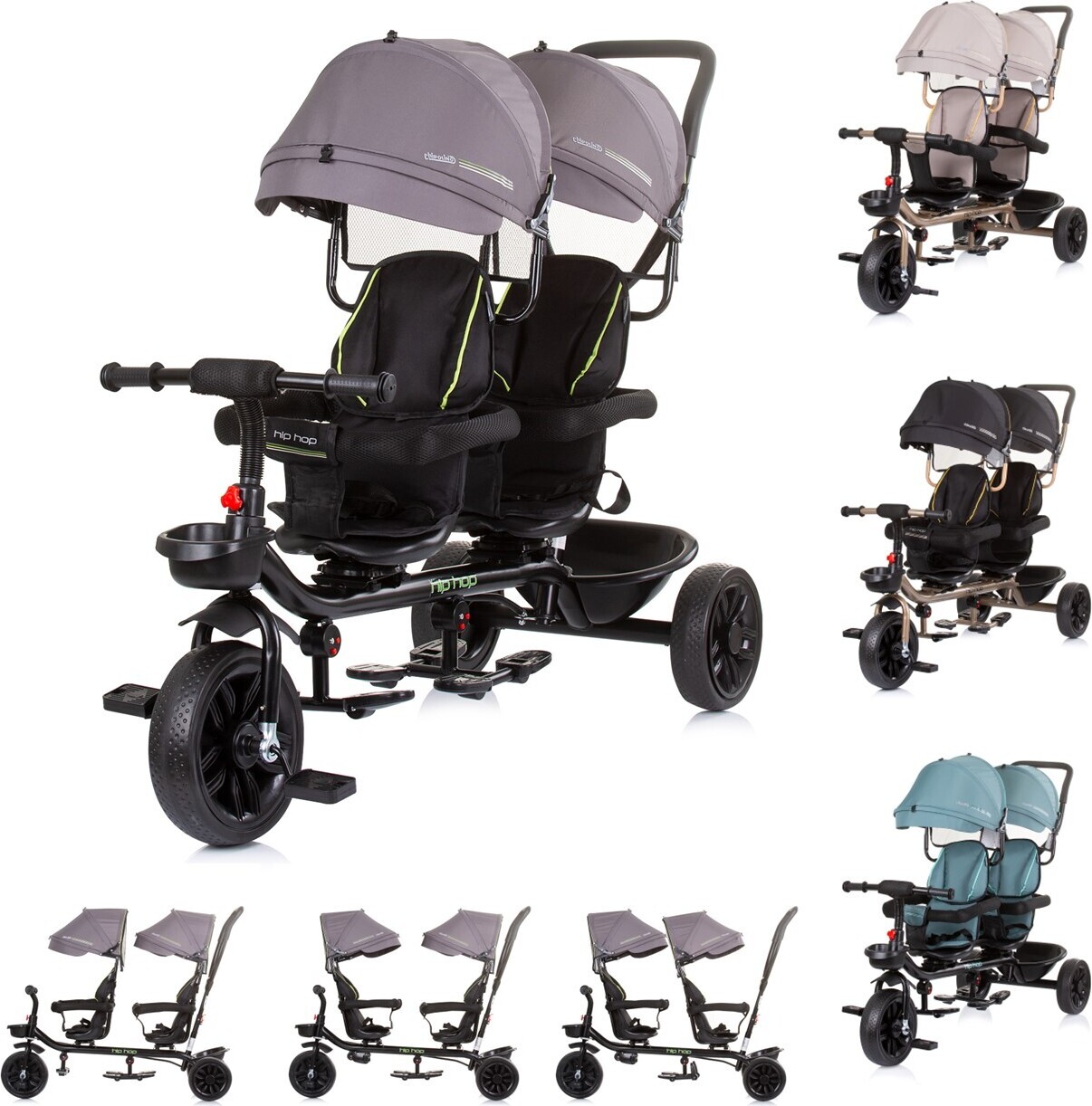 Chipolino Tricycle Hip Hop – Pour Deux Enfants – Jusqu’à 40 Kg – Sièges Pivotants 360° – Toit Solaire, Ceintures – Noir