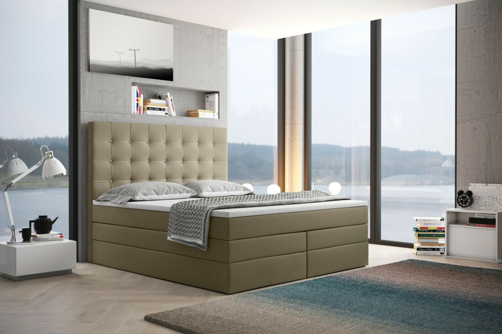 Skriňová posteľ Grekpol Amsterdam 160x200 cm s matracom Bonell a TFK H3 a topperom, čalúnená posteľ s podnožou, látka: Riviera 21