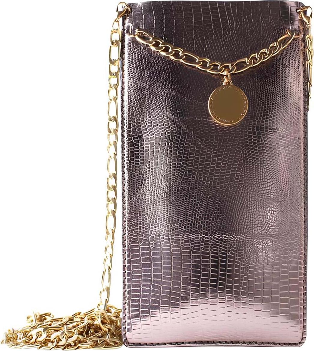 PURO GLAM Chain - univerzálne puzdro pre smartfóny s 2 slotmi na karty so zlatou retiazkou XL (hnedé)