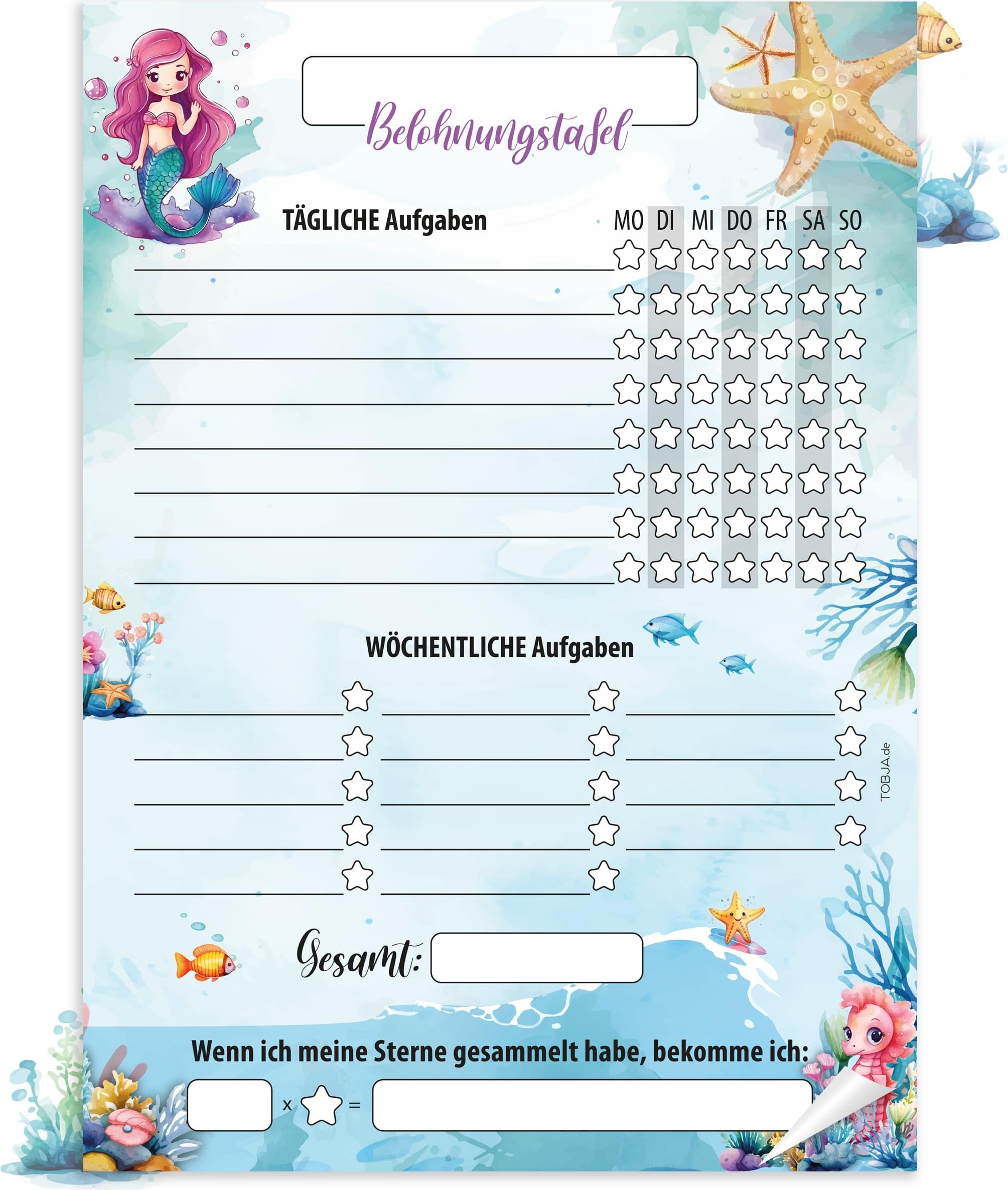 TOBJA Belohnungstafel Kinder A4 Block Meerjungfrau - Motiviert Kinder spielerisch | 25 Blatt Belohnungstafel Kinder ab 3 | Belohnungssystem Kinder für Mädchen und Jungen {{ Vorgang.Allgemein.Stammdaten.HAN }}