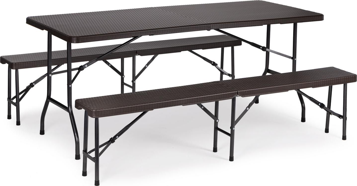 Cateringtisch 180 cm + 2 Bänke Rattan-Bankettset ModernHome