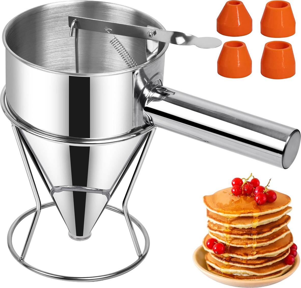 Novzep Teigportionierer, Edelstahl Teigspender, 1200ml Trichter mit Ständer, 4 Düsen, Kuchen Pfannkuchen Portionierer KAUF-ALRI-KF2596-016