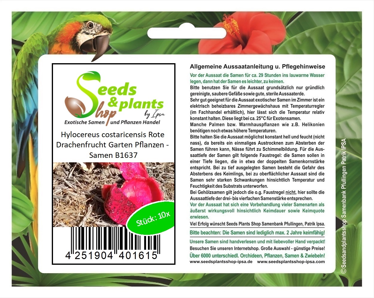 Seeds & Plants Shop by Ipsa 10x Hylocereus costaricensis Rote Drachenfrucht Garten Pflanzen - Samen B1637