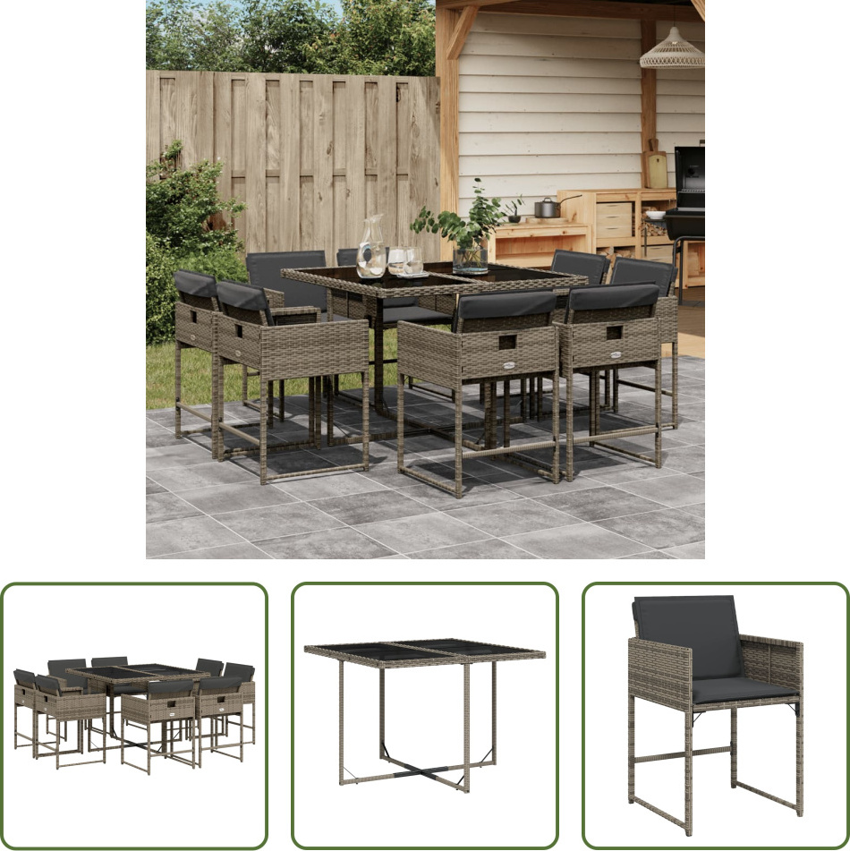 The Living Store 9-dielny záhradný jedálenský set s vankúšmi sivý polyratan