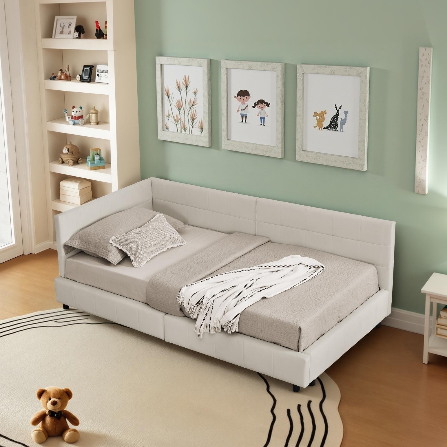 Einzelbett 90*200 cm, hautfreundliches Samtdesign, Kinderbett mit hoher Rückenlehne, Beige (ohne Matratze)