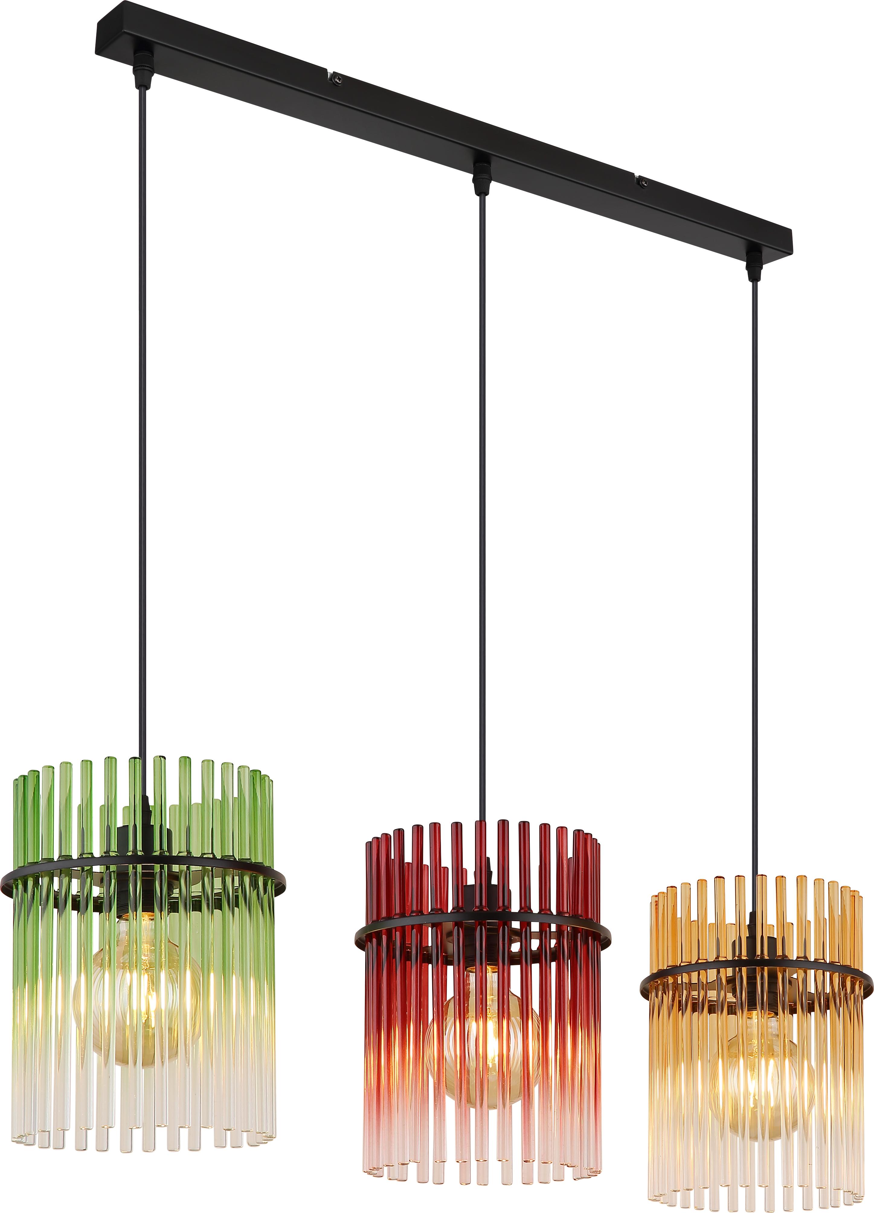 Globo Lighting Hängeleuchte Metall schwarz matt, Glasstäbe grün, Glasstäbe brombeerfarben, Glasstäbe amber, Kabel PVC schwarz, Höhe kürzbar, alle Glasstäbe auf klar verlaufend, LxBxH: 800x200x1400mm, exkl. 3x E27 60W 230V 15698-3HMM