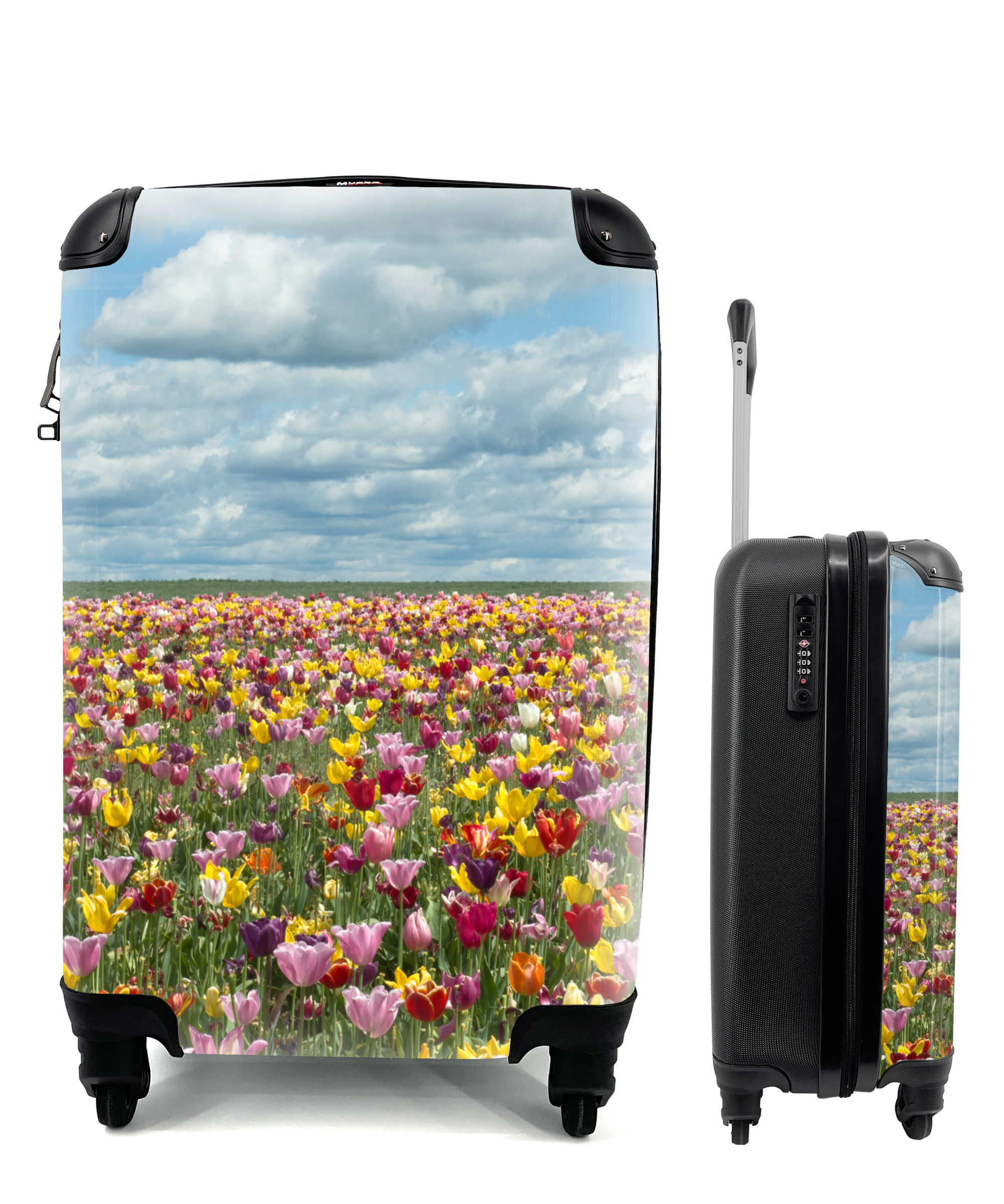 MuchoWow® Koffer Handgepäck Trolley Rollkoffer Kleine Reisekoffer mit 4 Rollen - Tulpen - Farben - Wolken - Cabin Size < 55x40x23 cm & 55x40x20 cm - Fotokoffer - Kabinenkoffer - Boardgepäck - Reise-Box - Reisekoffer - Reisegepäck - Koffer mit Bild - Trolley für Kinder 68|304388486